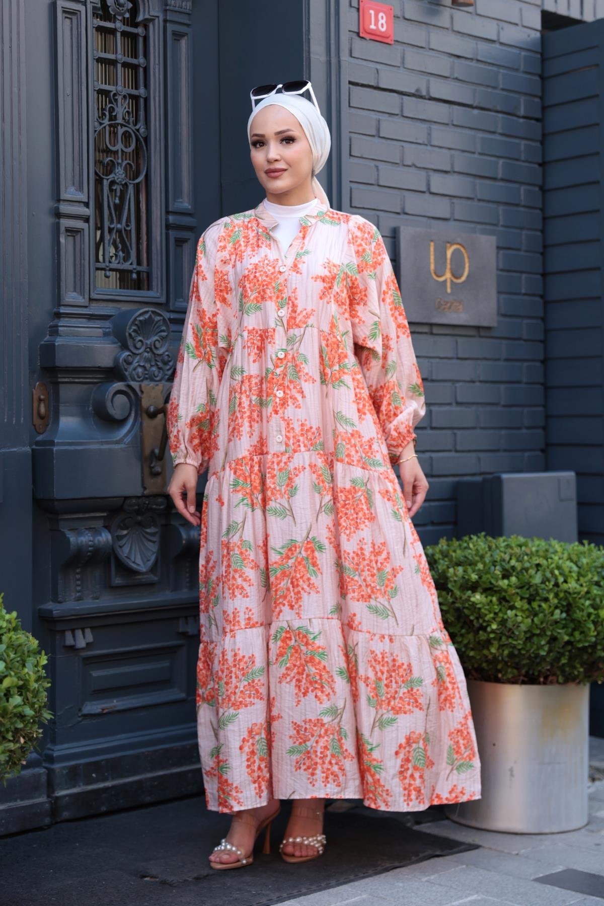 Ağaç Desenli Elbise Turuncu