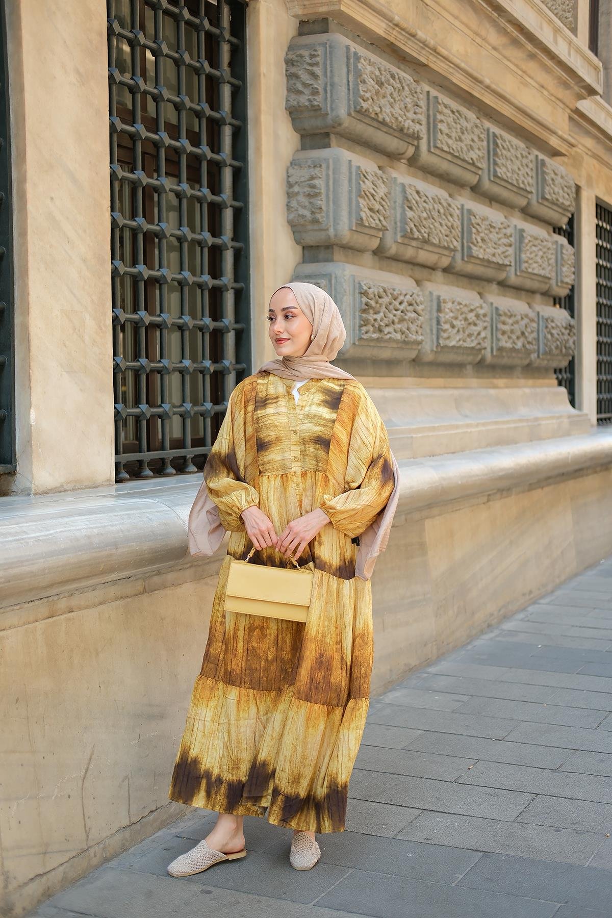 Ahşap Desenli Elbise Yağ Yeşil