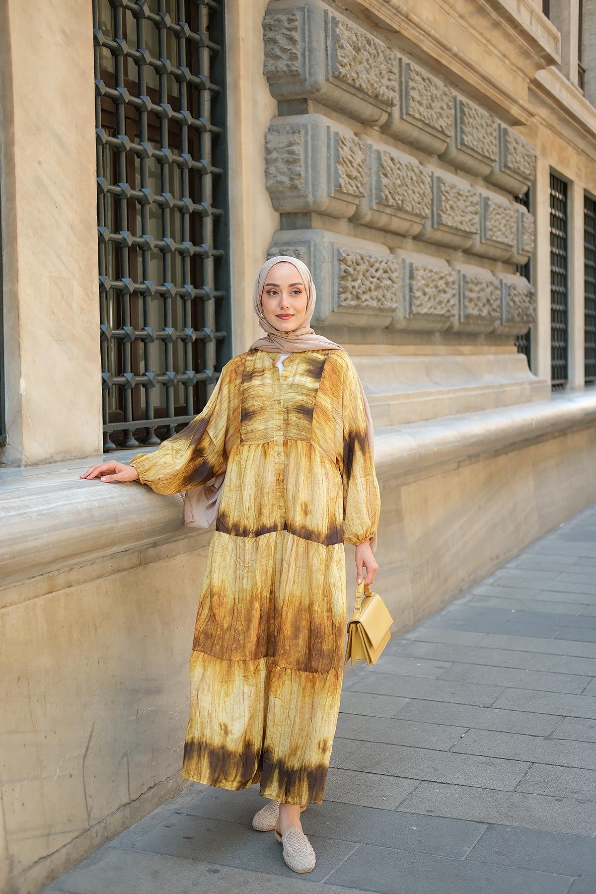 Ahşap Desenli Elbise Yağ Yeşil