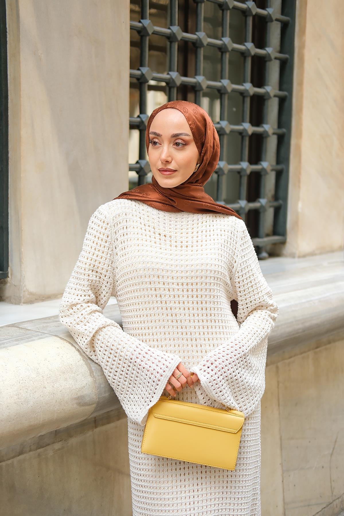 Ajur Desenli Elbise Krem