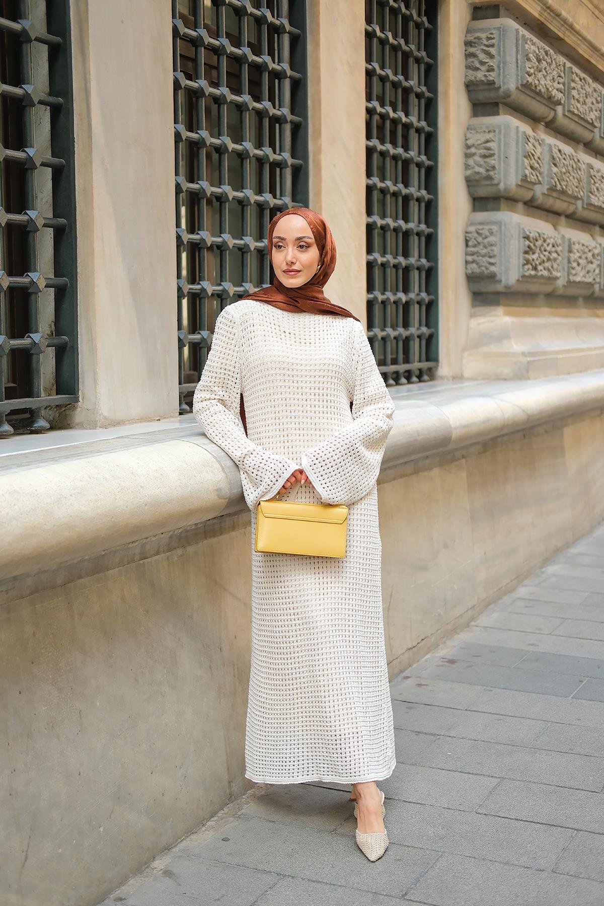 Ajur Desenli Elbise Krem