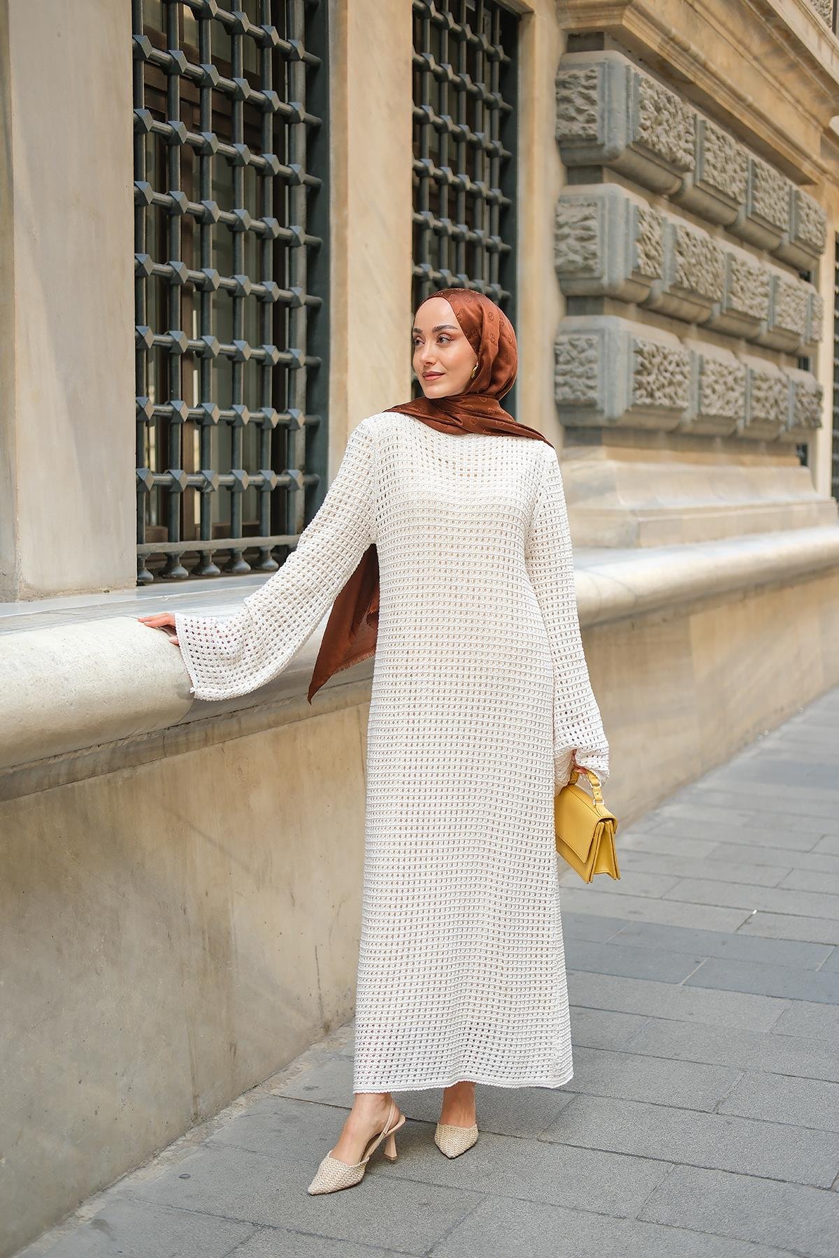 Ajur Desenli Elbise Krem