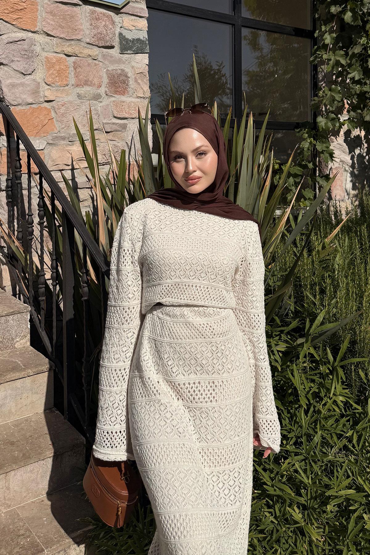 Ajur Kendinden Desenli Elbise Krem