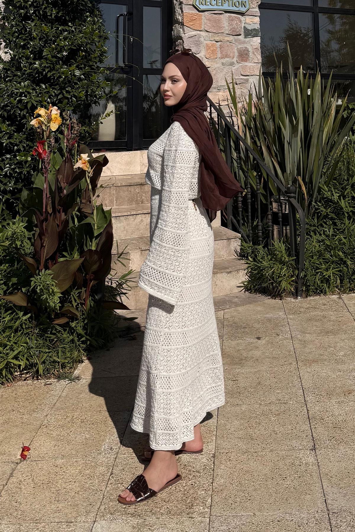 Ajur Kendinden Desenli Elbise Krem