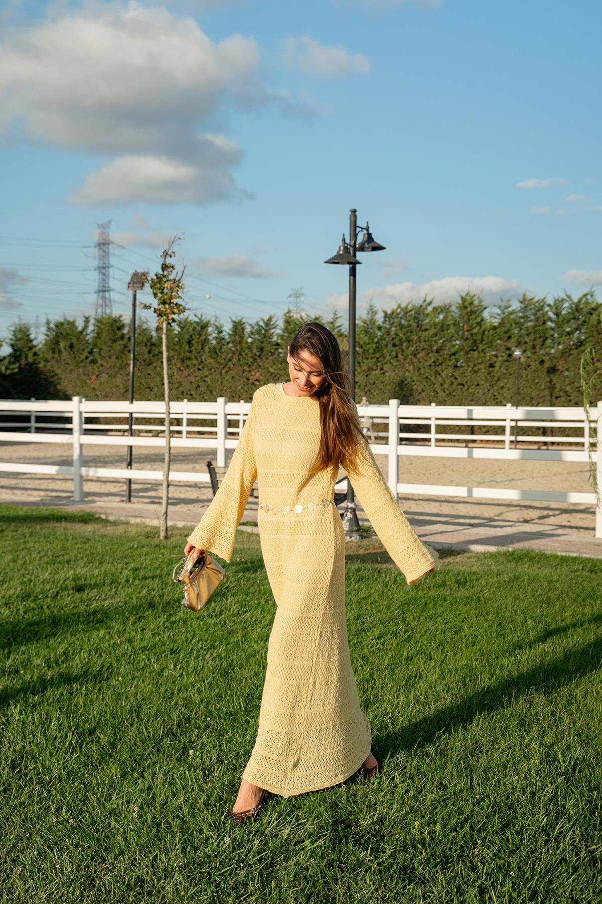 Ajur Kendinden Desenli Elbise Sarı