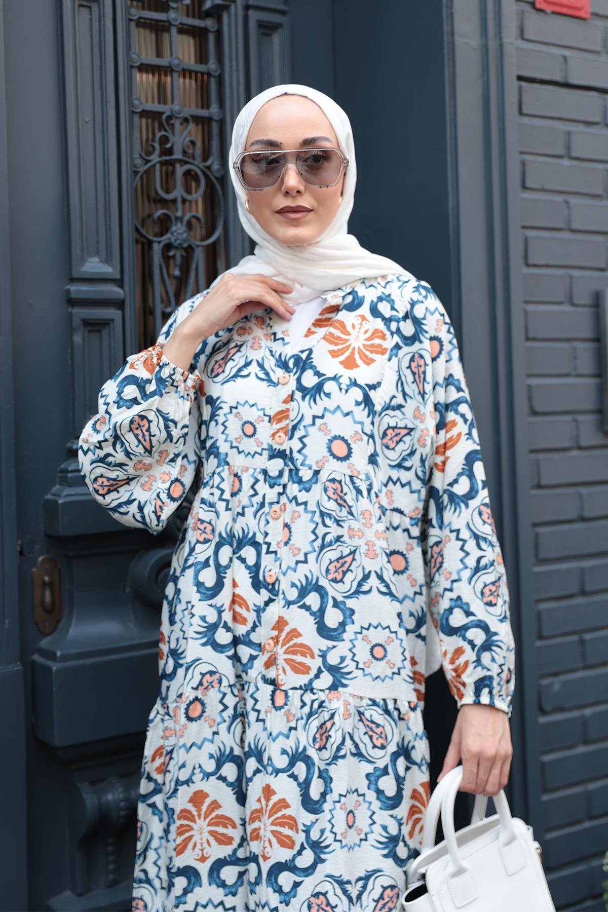 Anadolu Esintisi Desen Elbise  Mavi