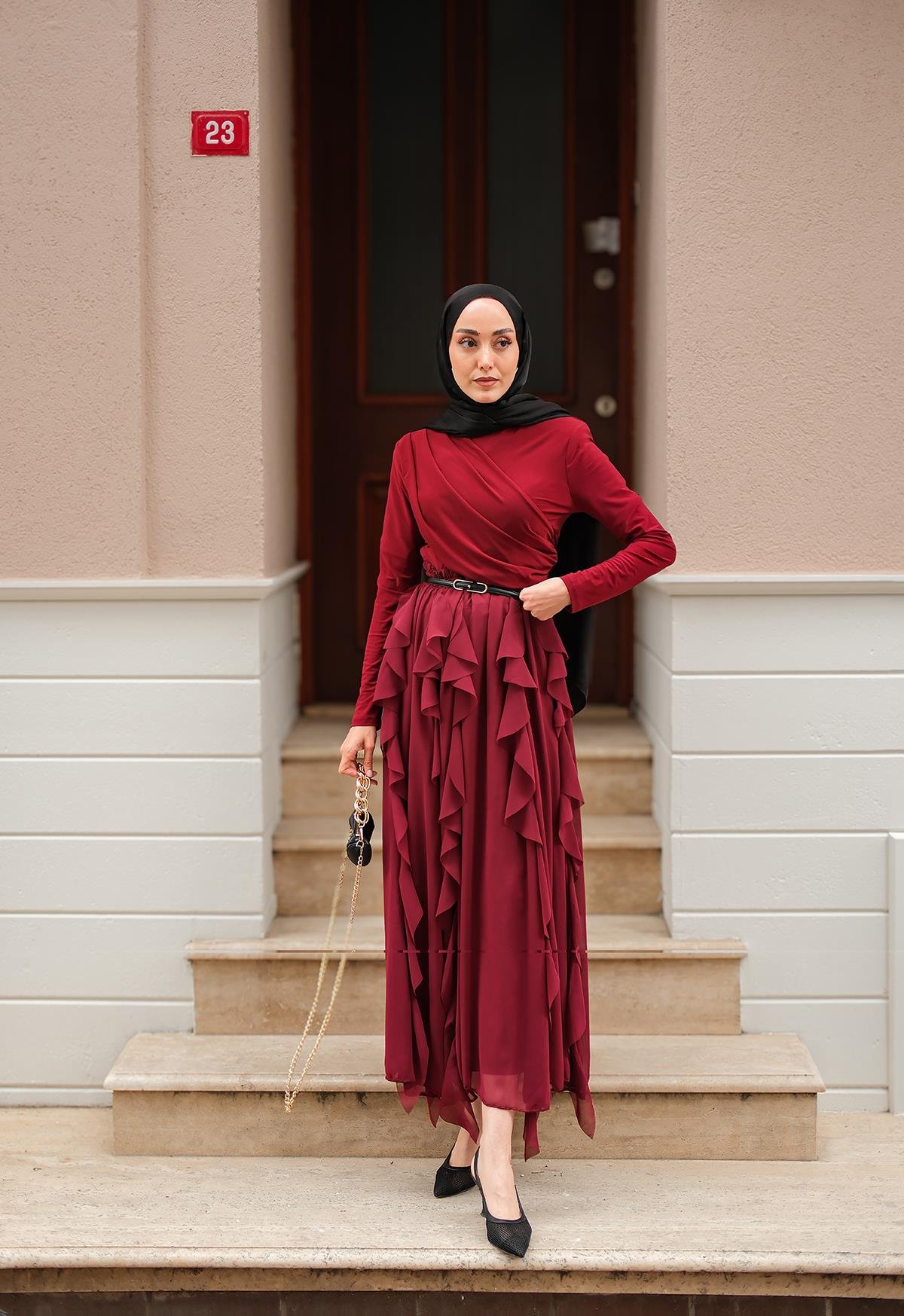 Anneliesse Şifon Fırfırlı Takım Bordo