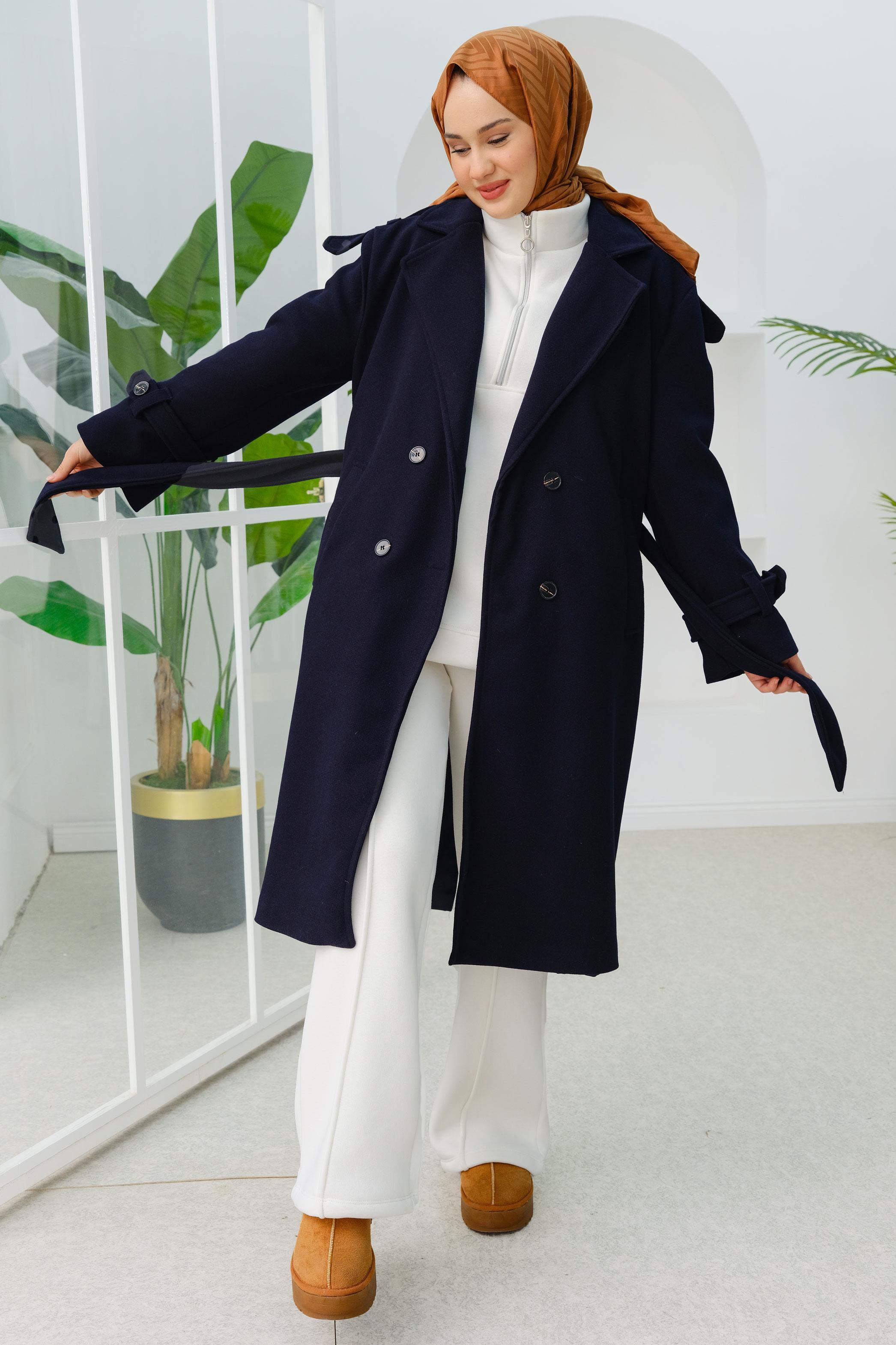 Apolet Detay Midi Boy Kaşe Kaban Lacivert