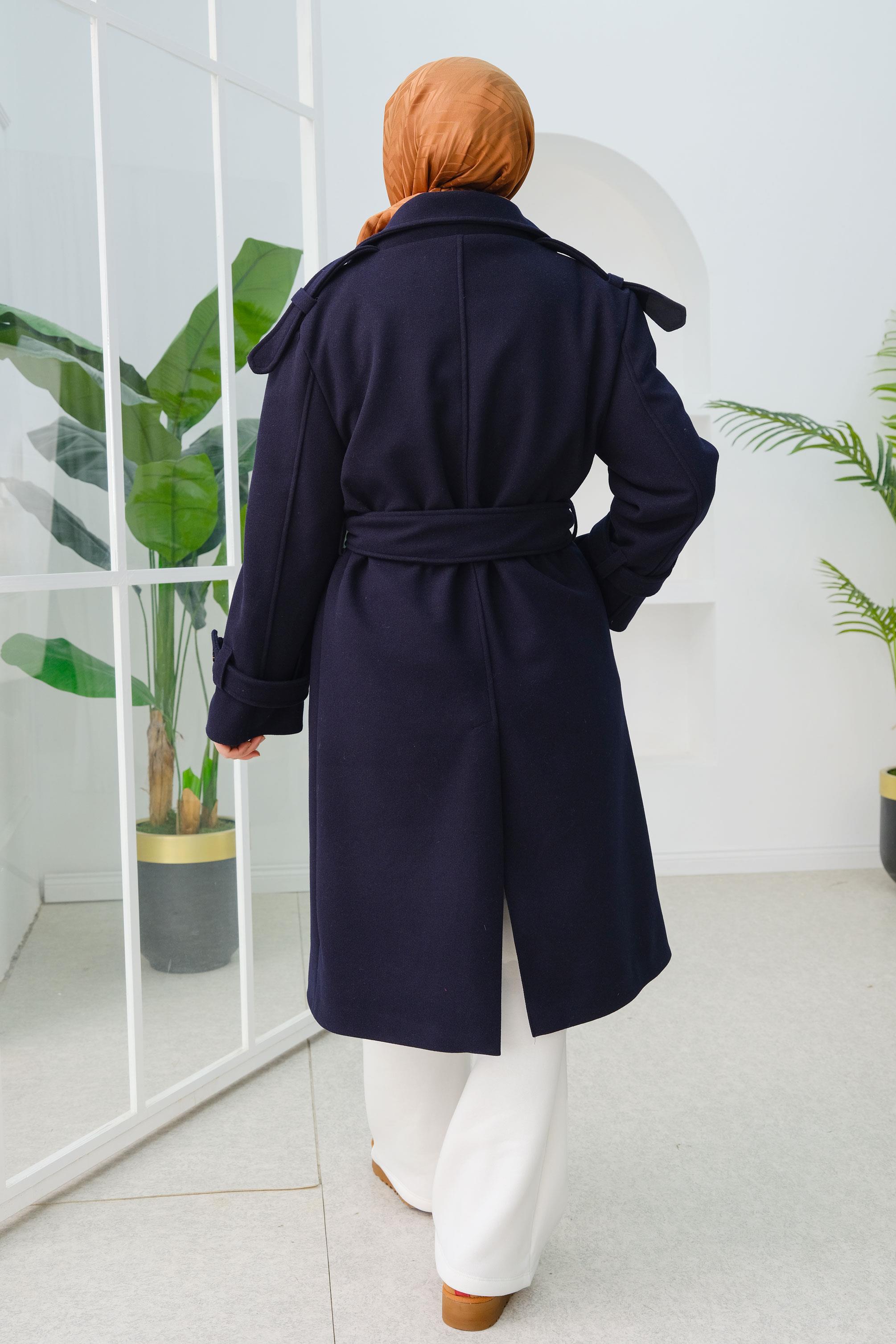 Apolet Detay Midi Boy Kaşe Kaban Lacivert