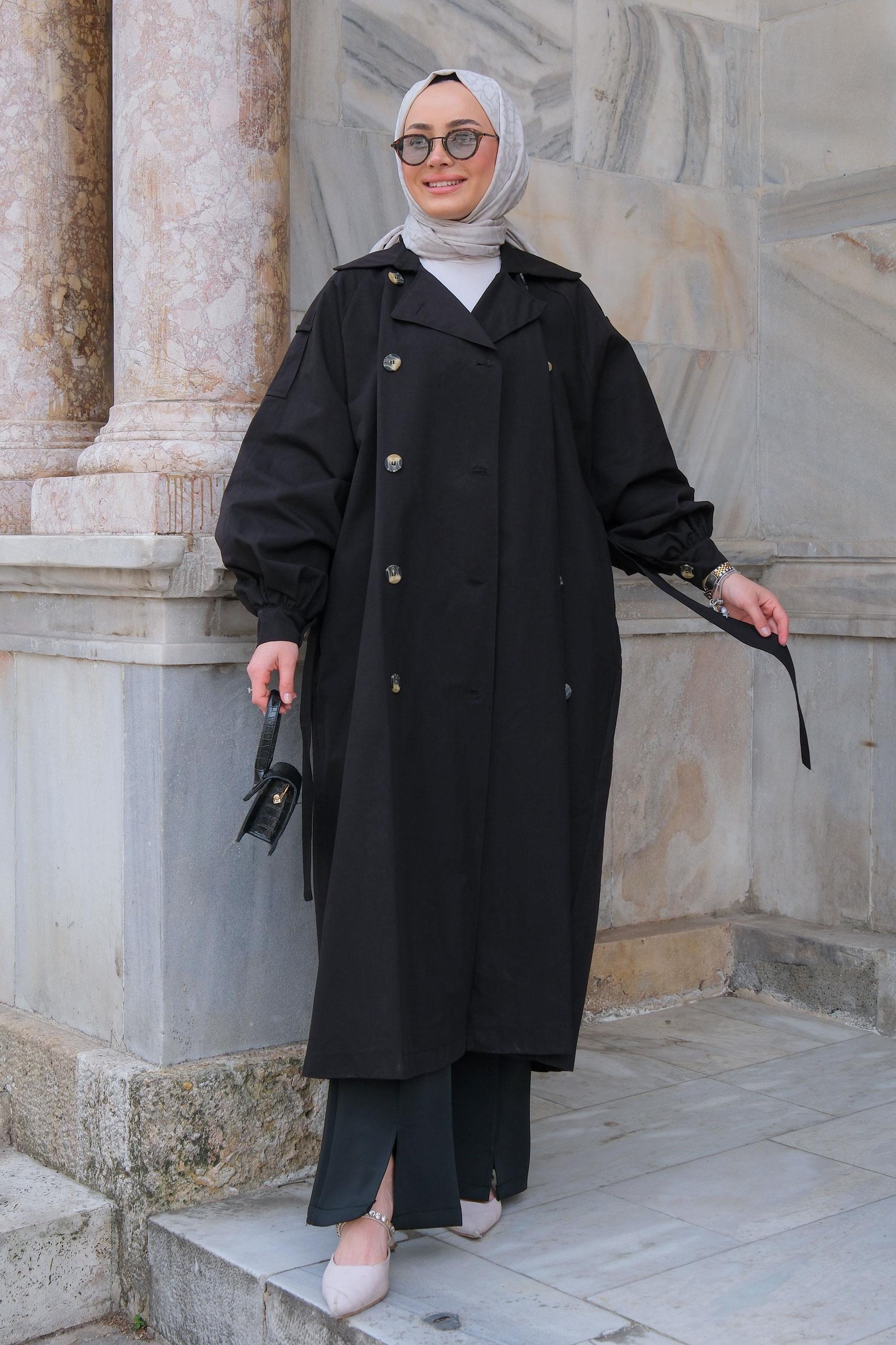 Arka Düğme Detay Trenckot Siyah