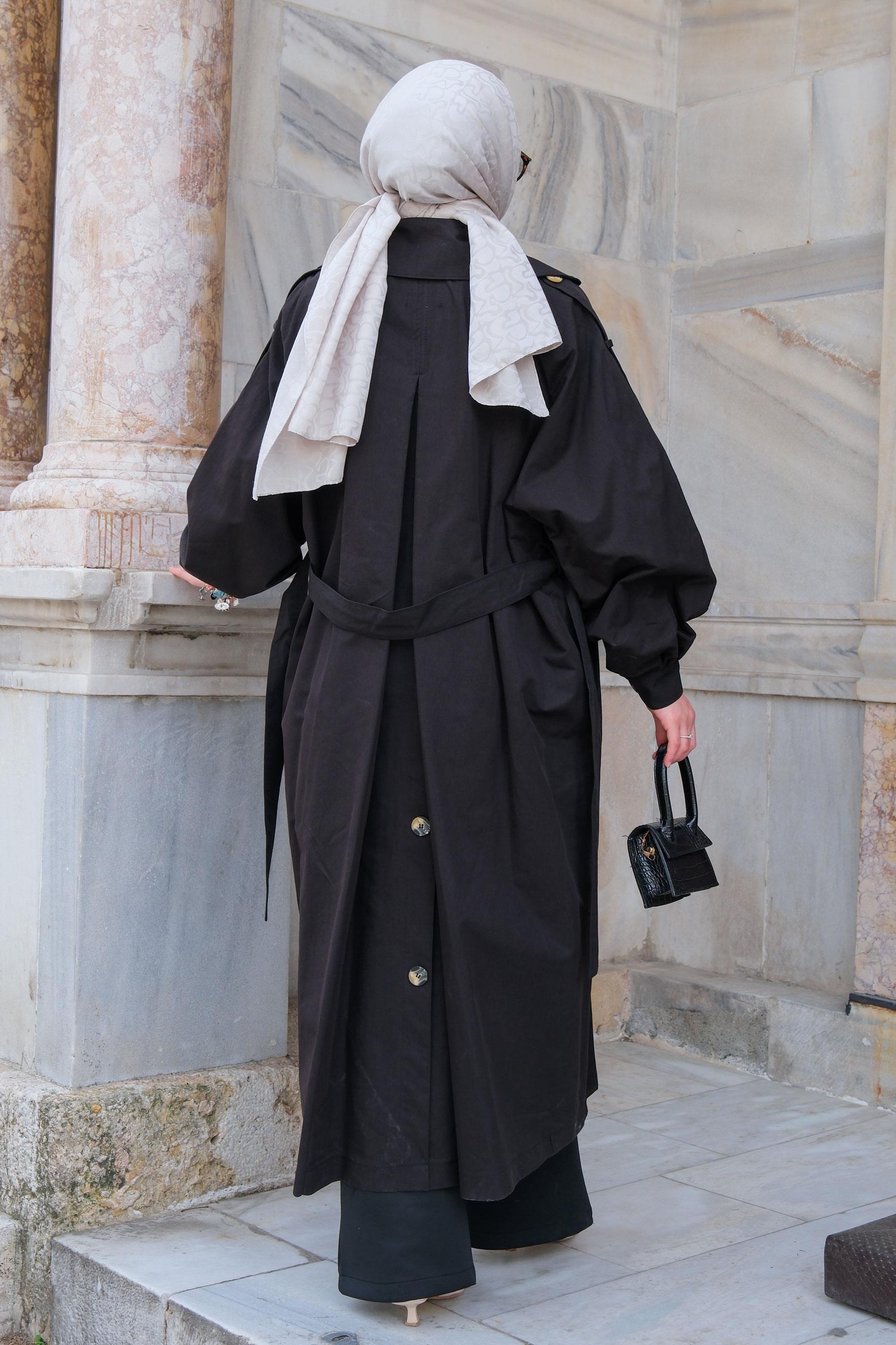 Arka Düğme Detay Trenckot Siyah