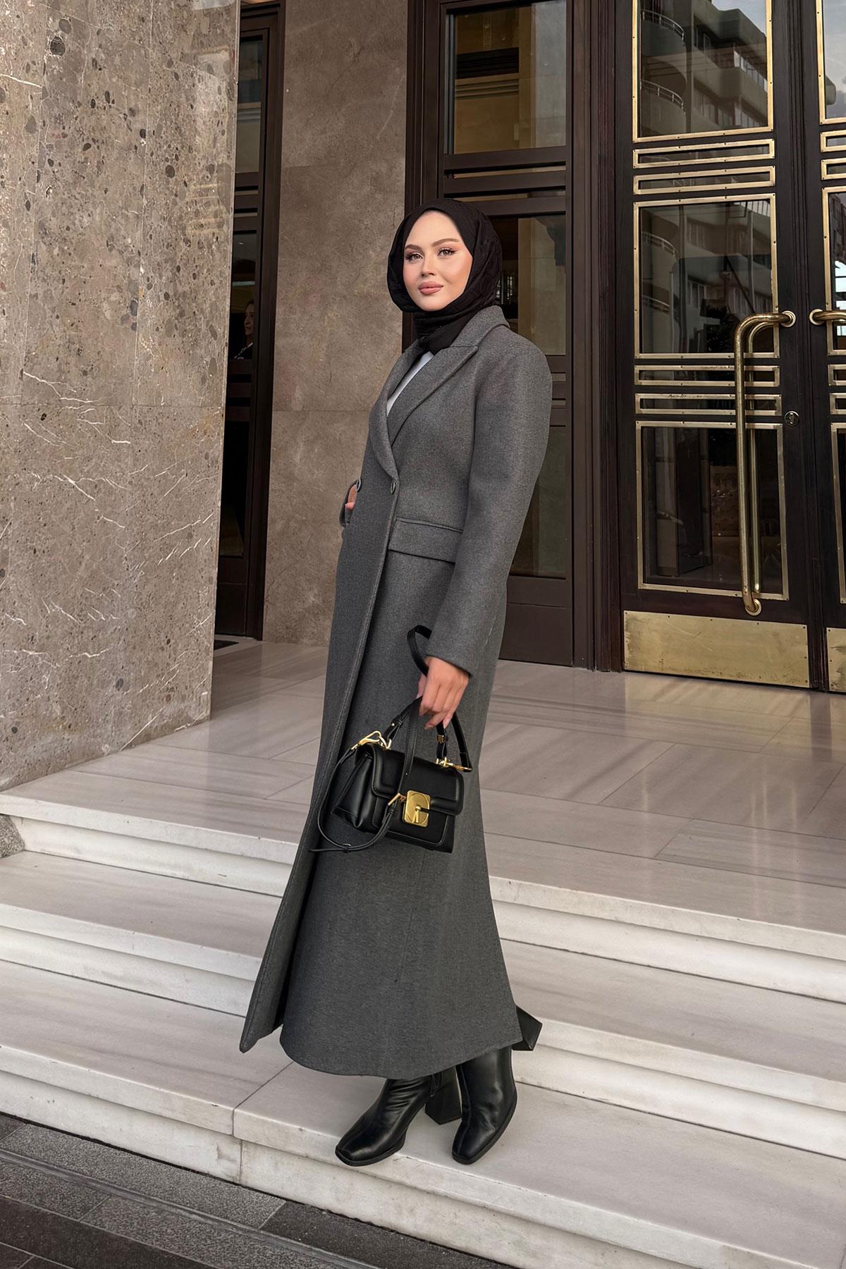 Arka Düğme Detaylı Kaşe Kaban Antrasit