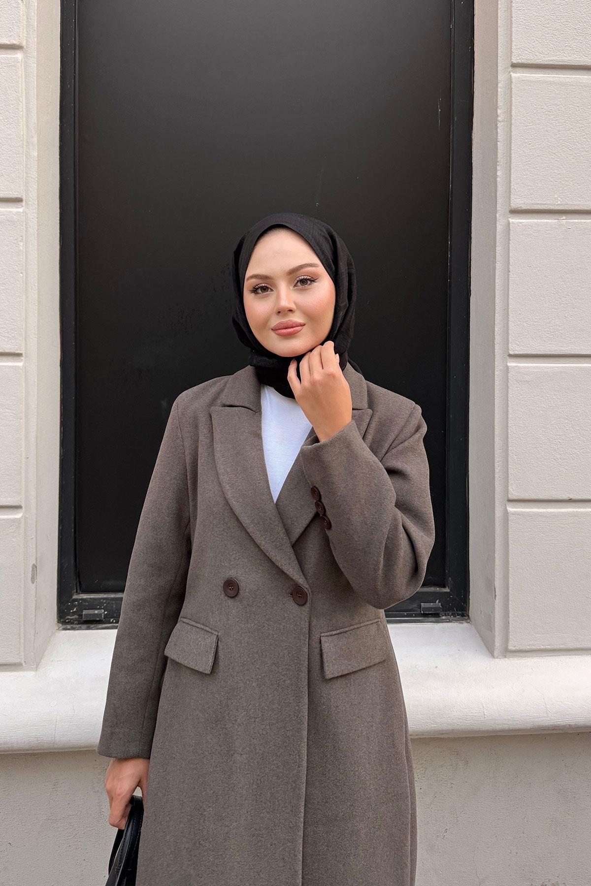 Arka Düğme Detaylı Kaşe Kaban Kahverengi