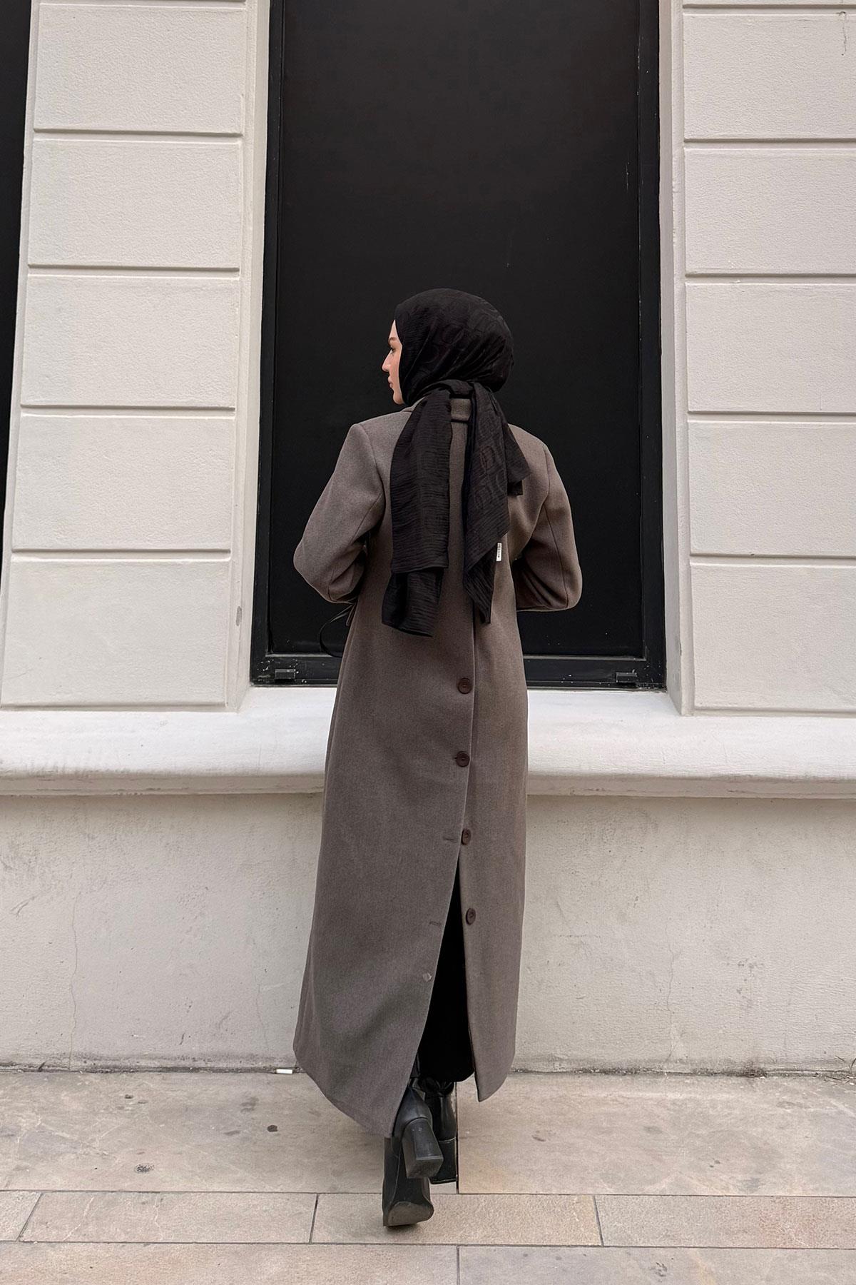 Arka Düğme Detaylı Kaşe Kaban Kahverengi