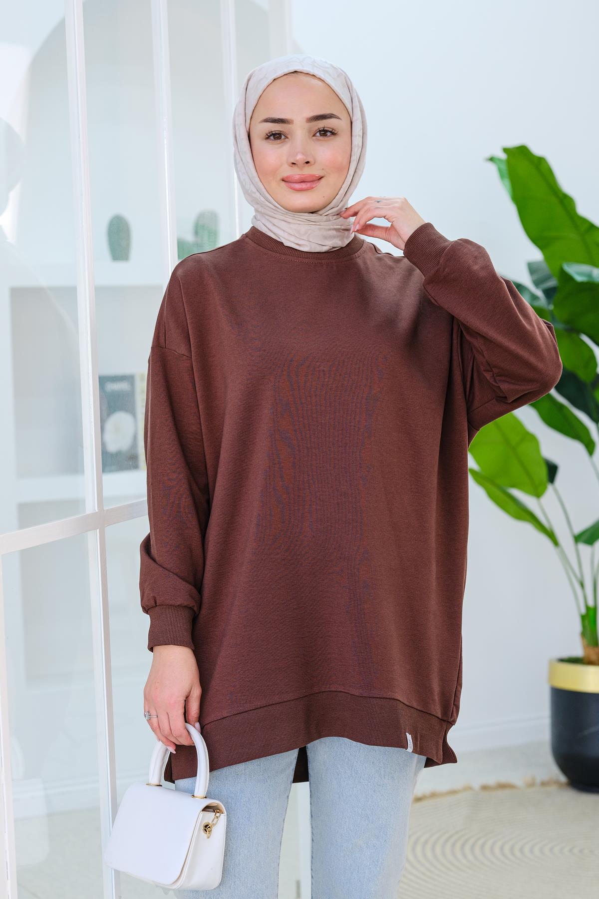 Arma Detay Oversize Tunik Kahverengi