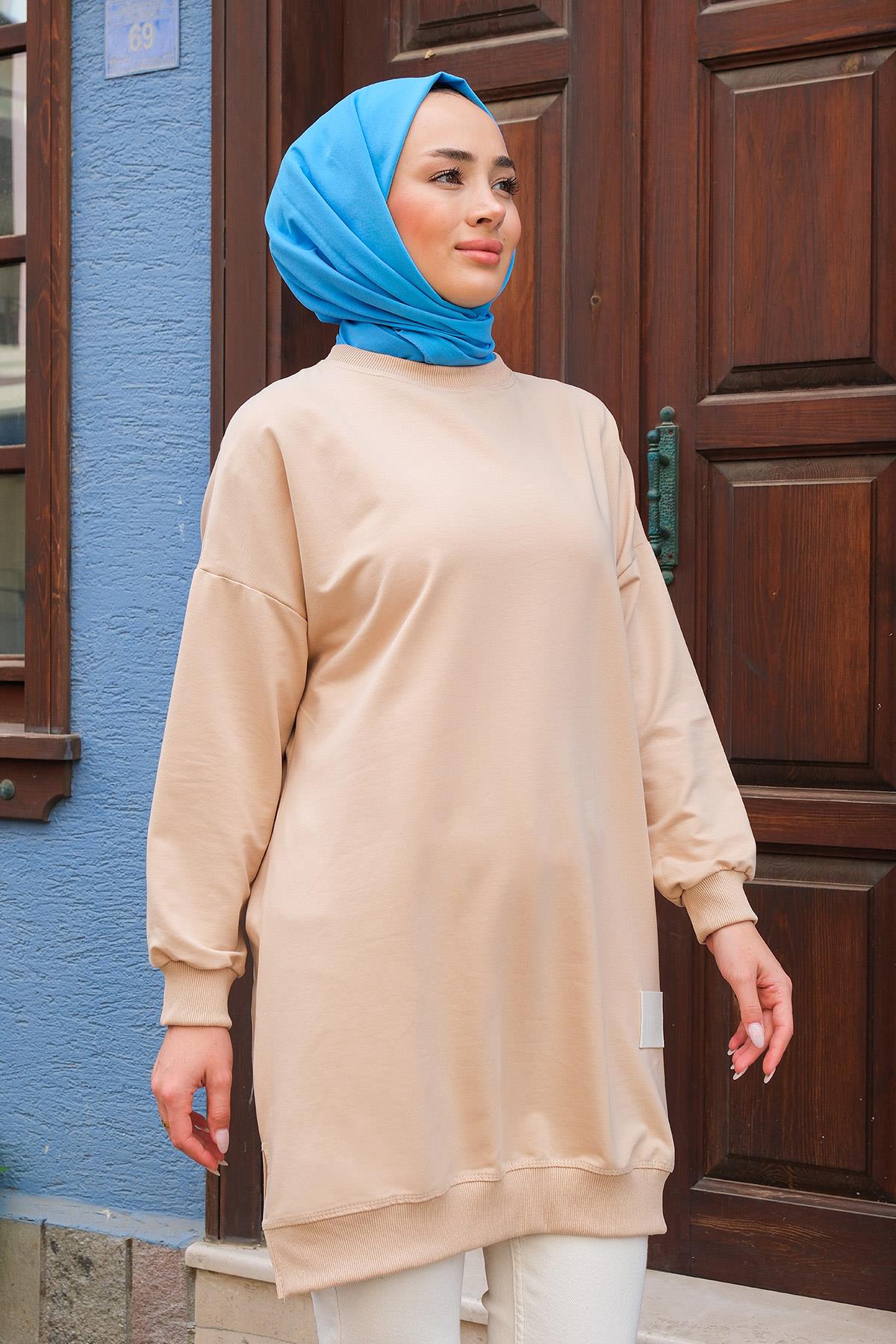 Arma Detaylı Bisiklet Yaka Tunik Krem