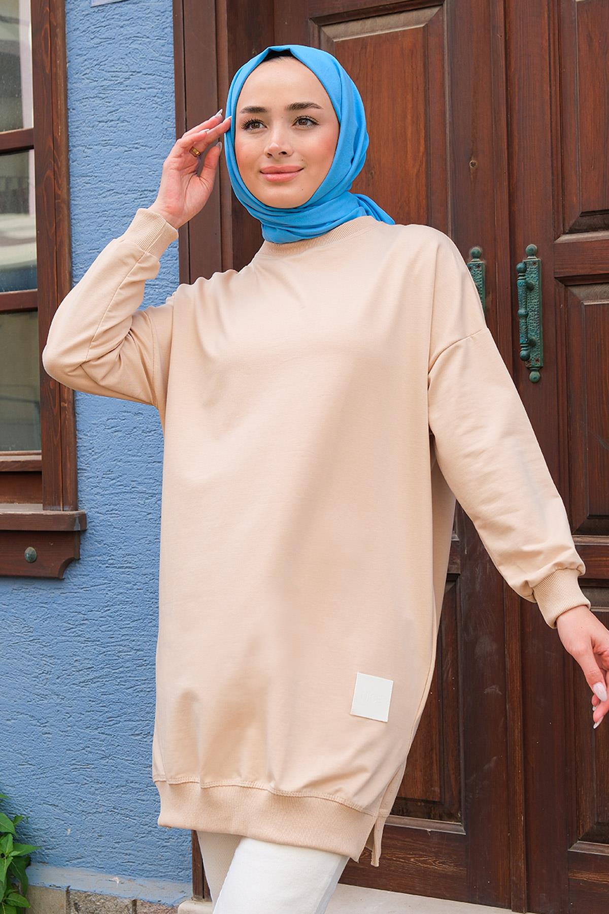 Arma Detaylı Bisiklet Yaka Tunik Krem