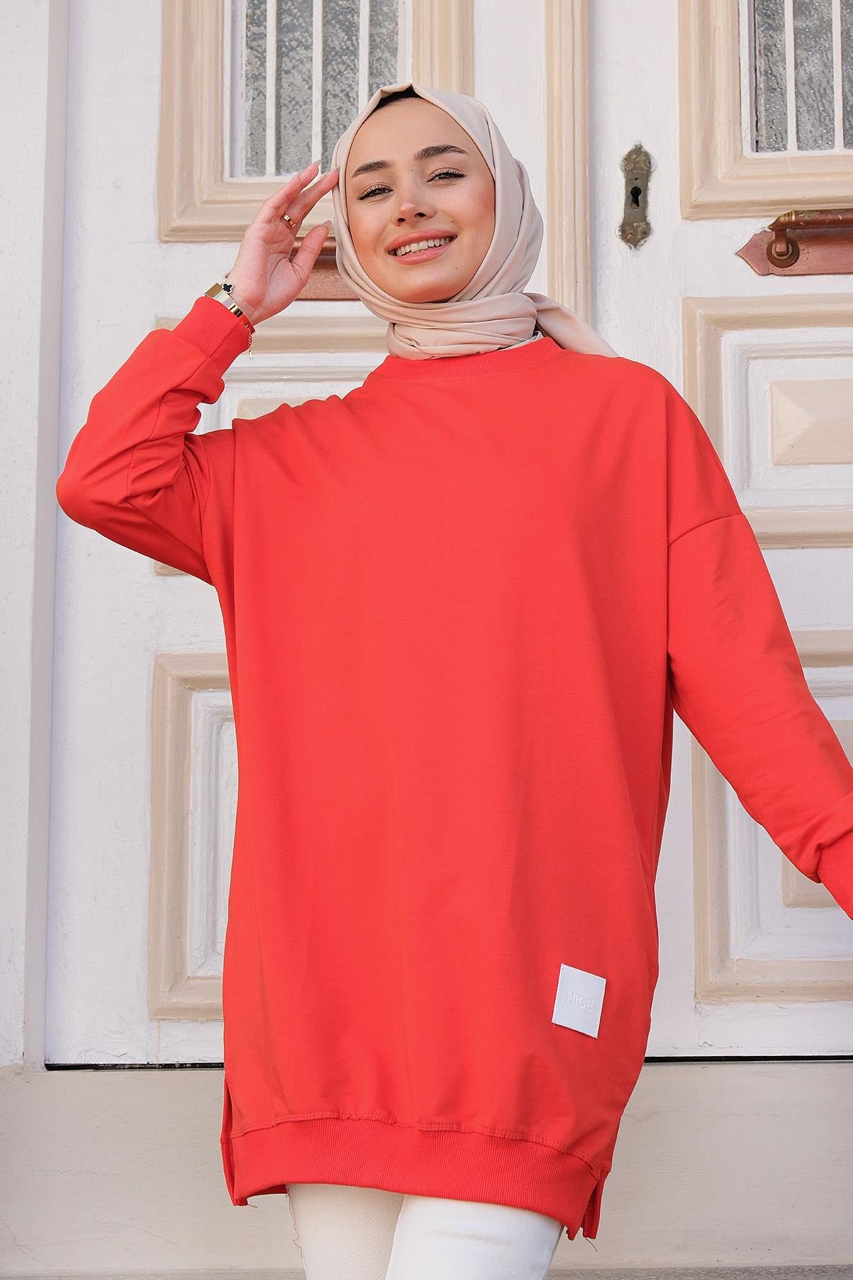 Arma Detaylı Bisiklet Yaka Tunik Nar Çiçeği