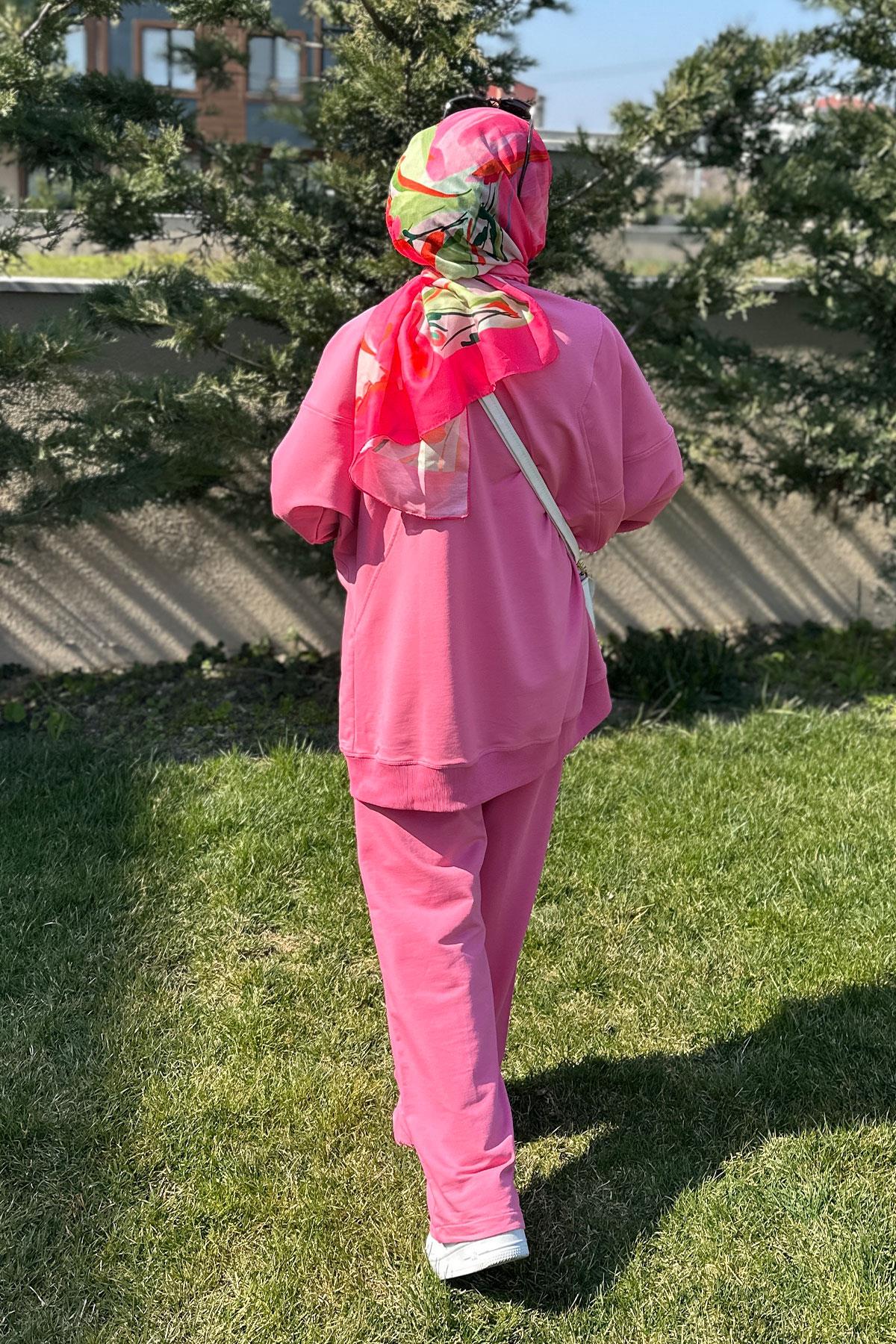 Asimetrik dikiş detaylı İkili Takım Pembe