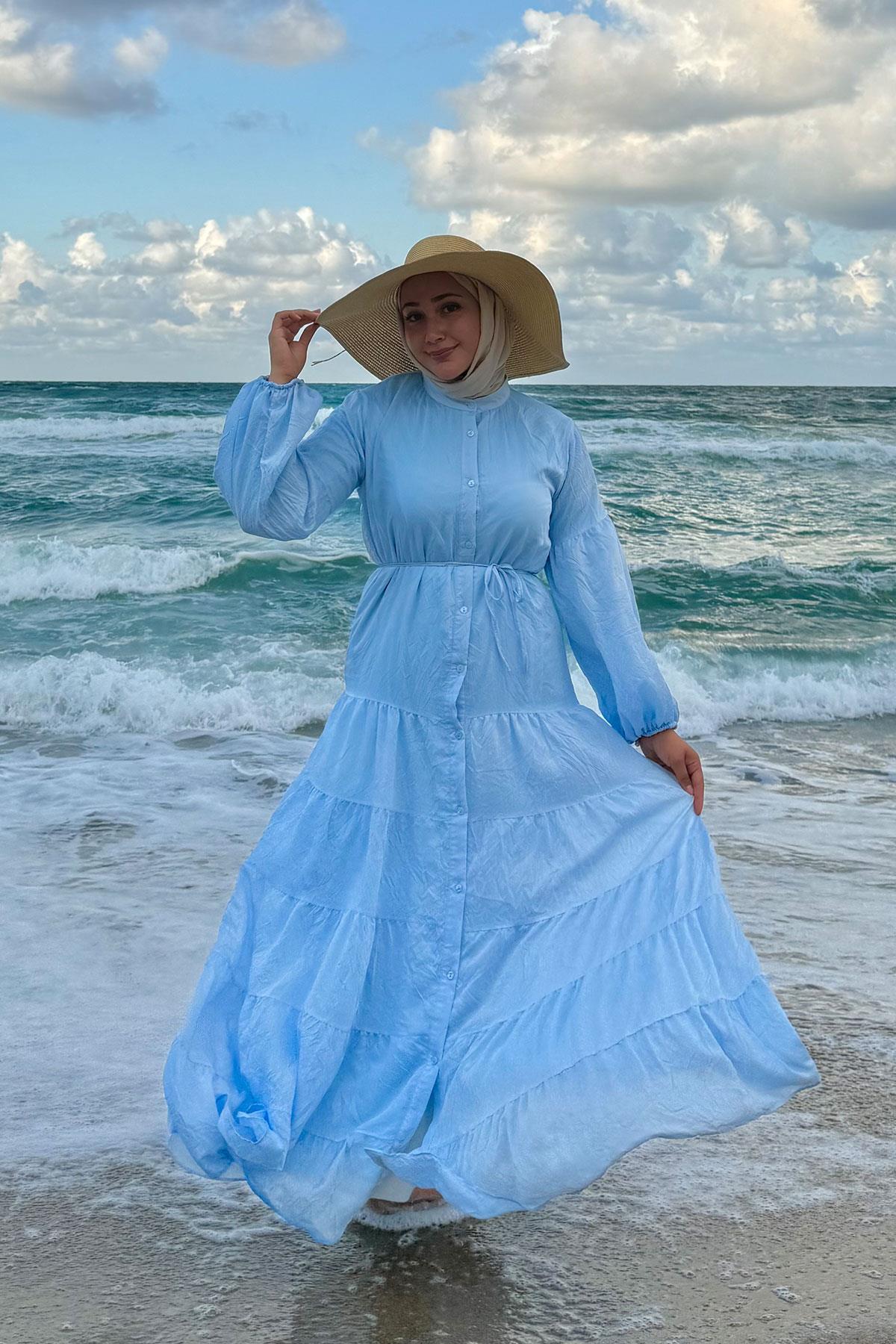 Astarlı Tül Elbise Açık Mavi