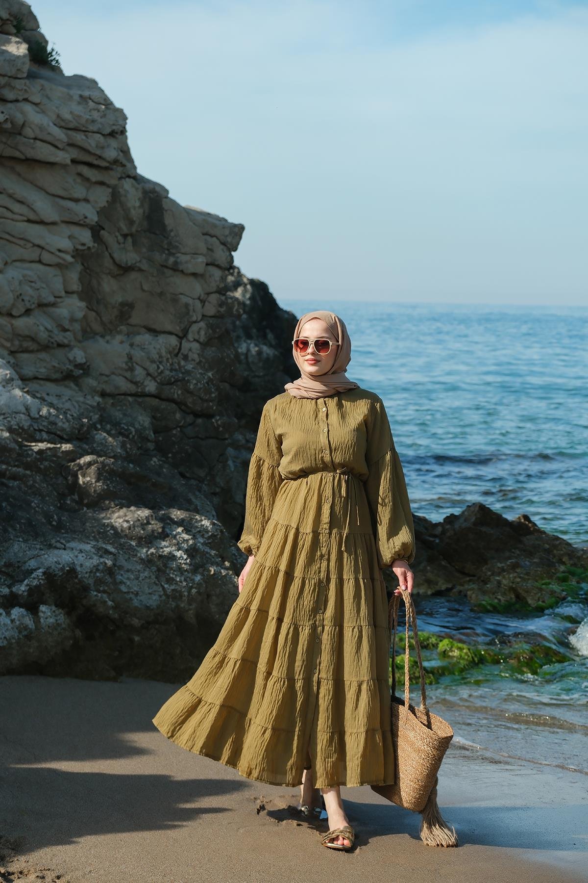 Astarlı Tül Elbise Yağ Yeşil