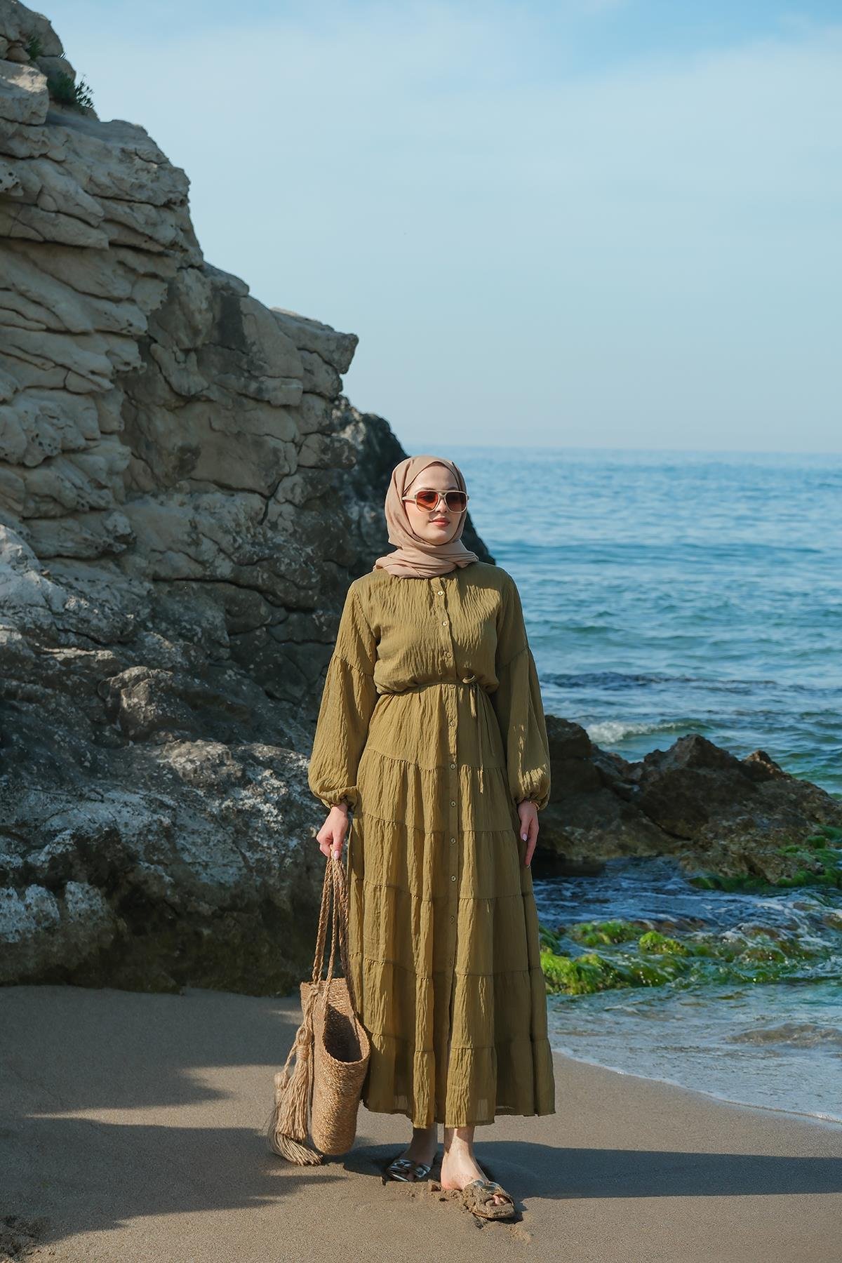 Astarlı Tül Elbise Yağ Yeşil