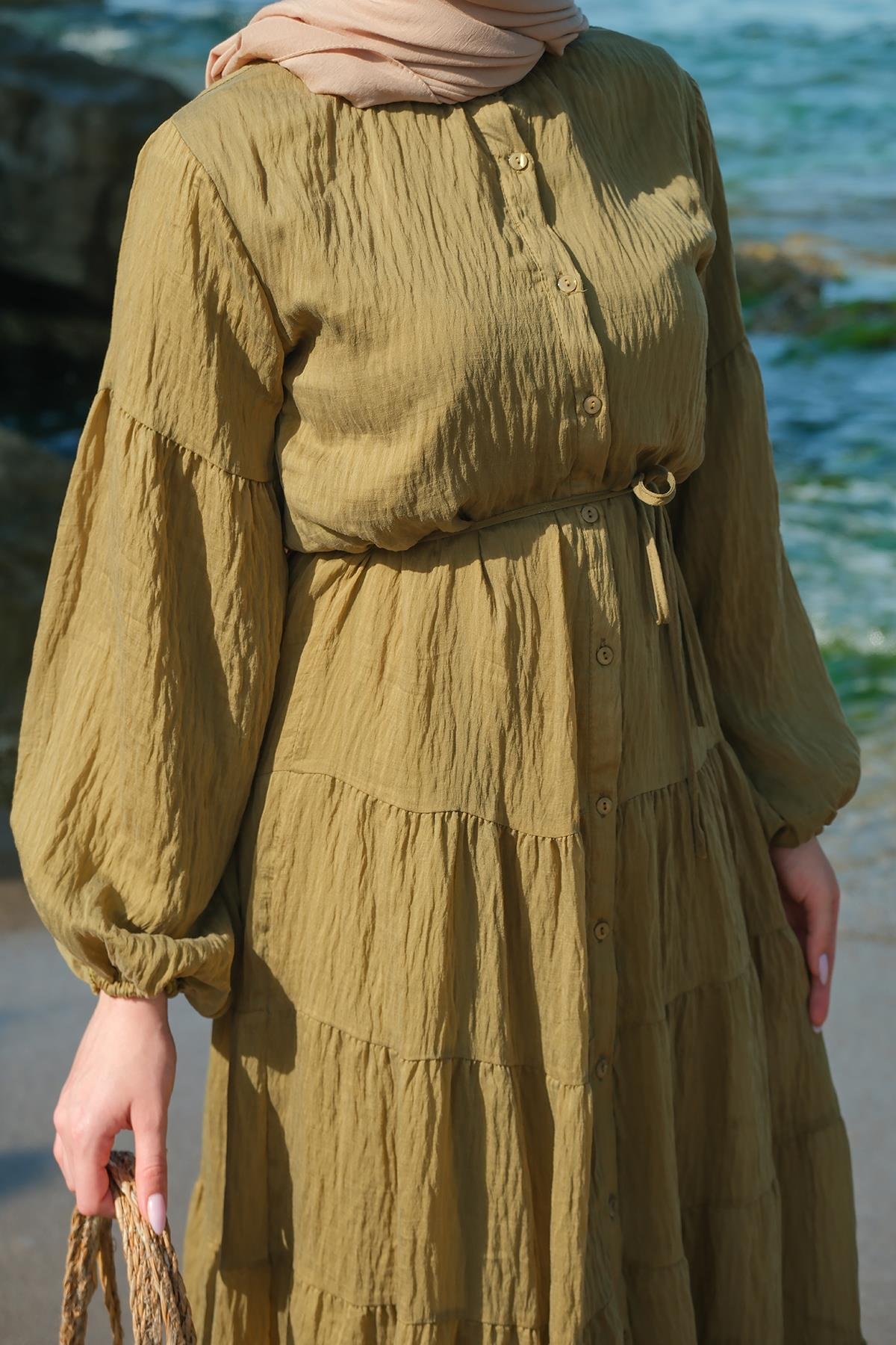 Astarlı Tül Elbise Yağ Yeşil