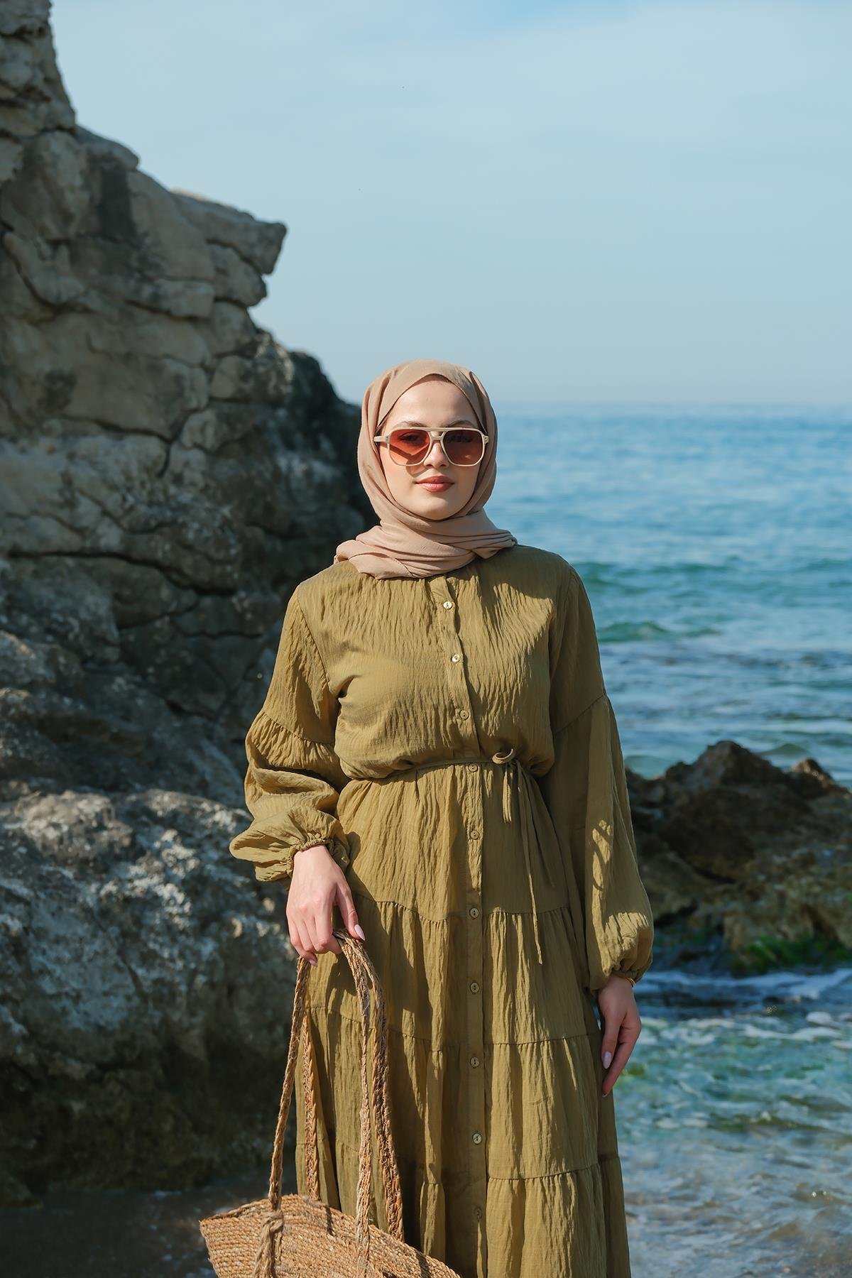 Astarlı Tül Elbise Yağ Yeşil