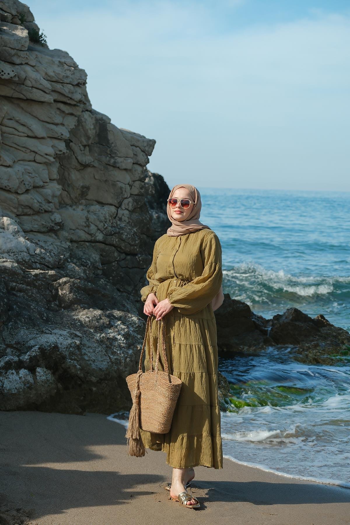 Astarlı Tül Elbise Yağ Yeşil