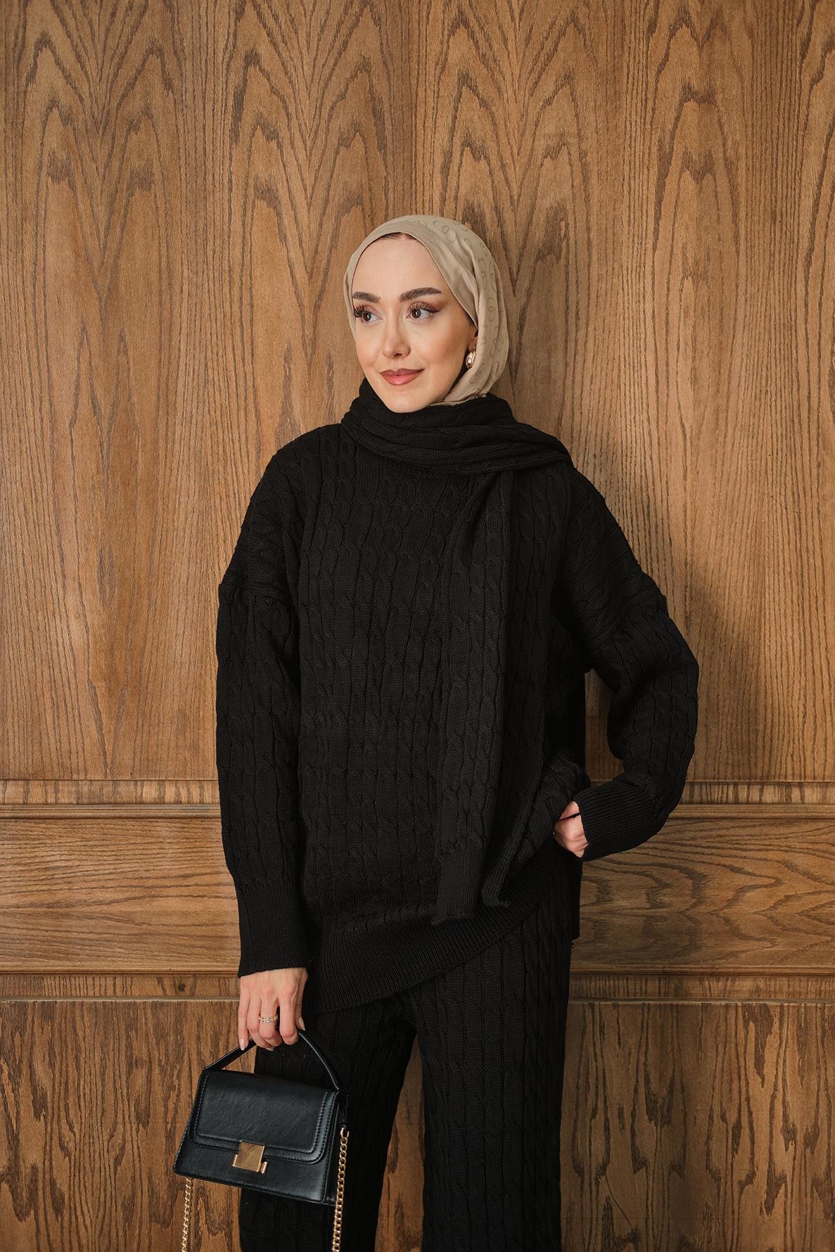 Atkı Detaylı Örgü Takım Siyah