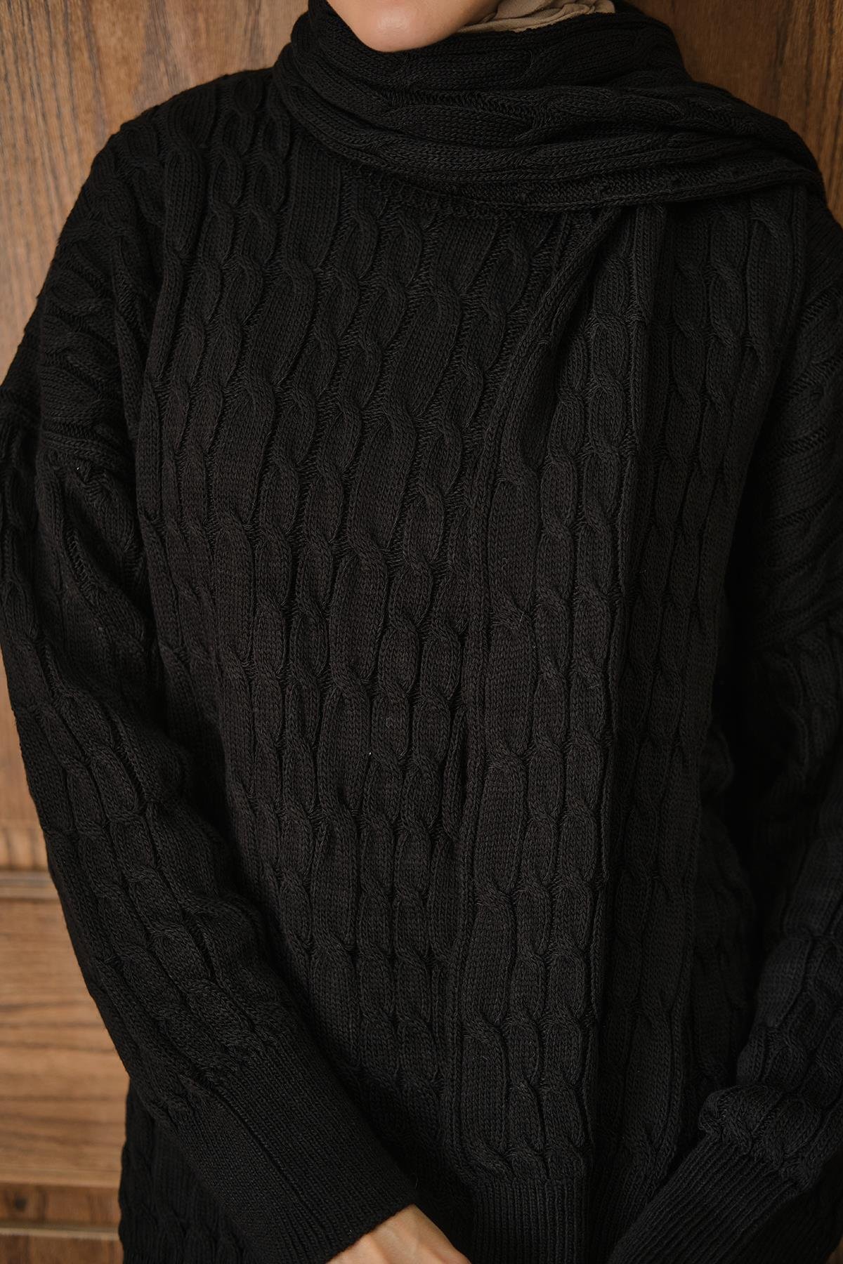 Atkı Detaylı Örgü Takım Siyah