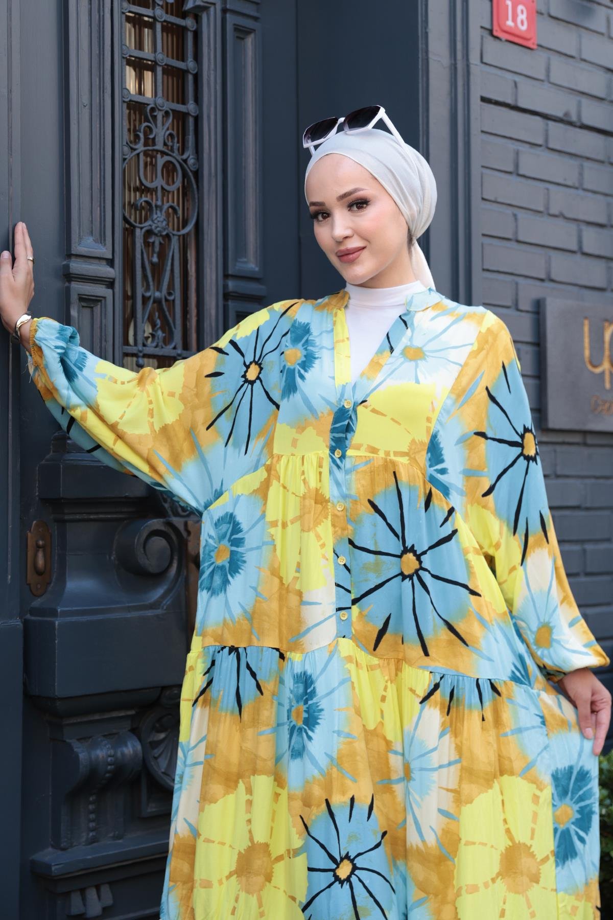 Ayçiceği Desenli Elbise Mavi-Sarı