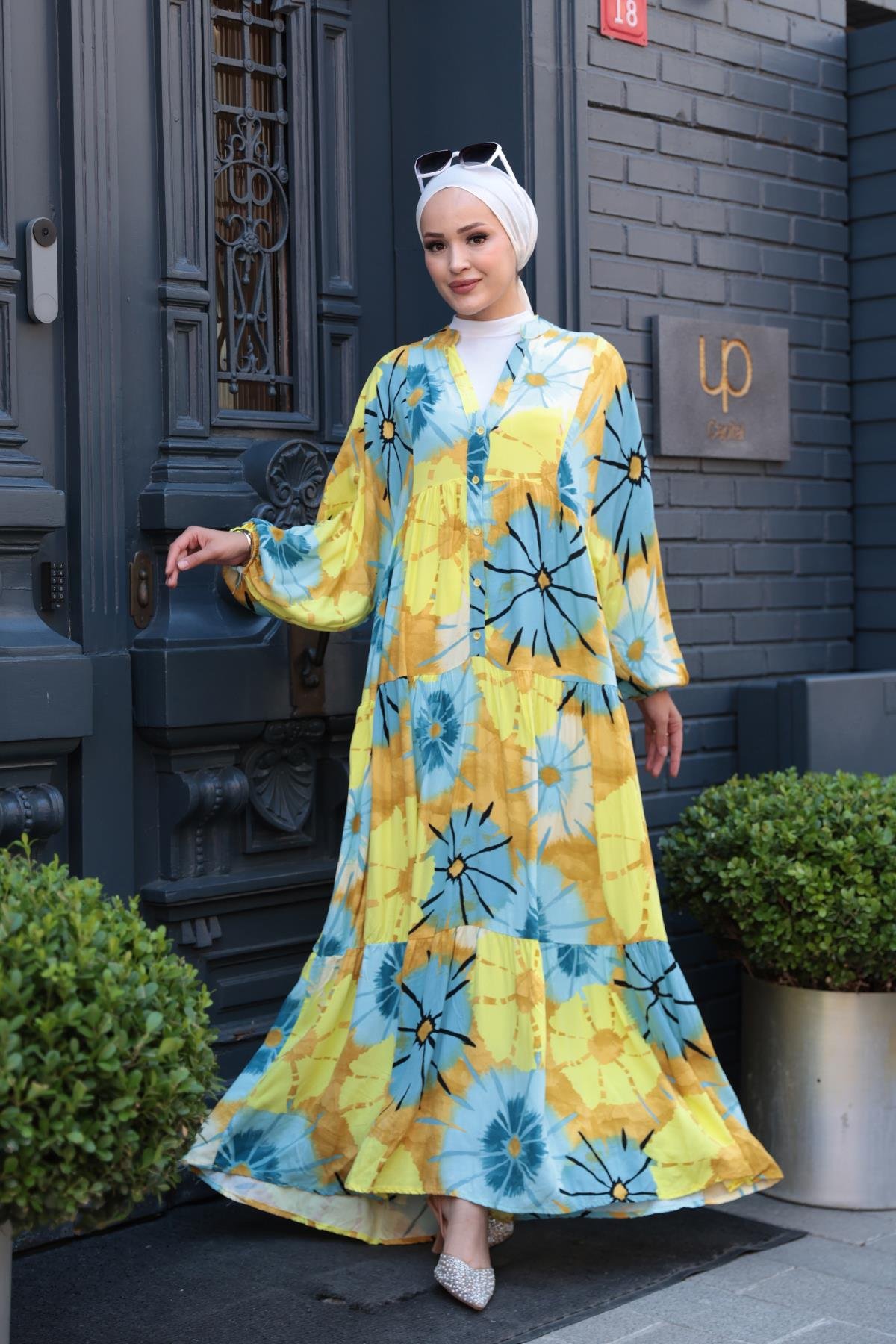 Ayçiceği Desenli Elbise Mavi-Sarı