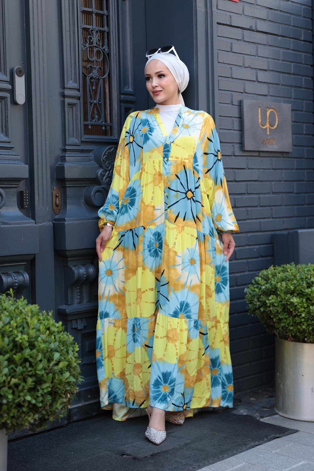 Ayçiceği Desenli Elbise Mavi-Sarı