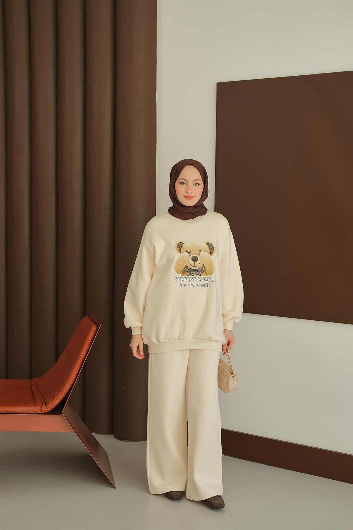 Ayıcık Baskılı Takım Krem