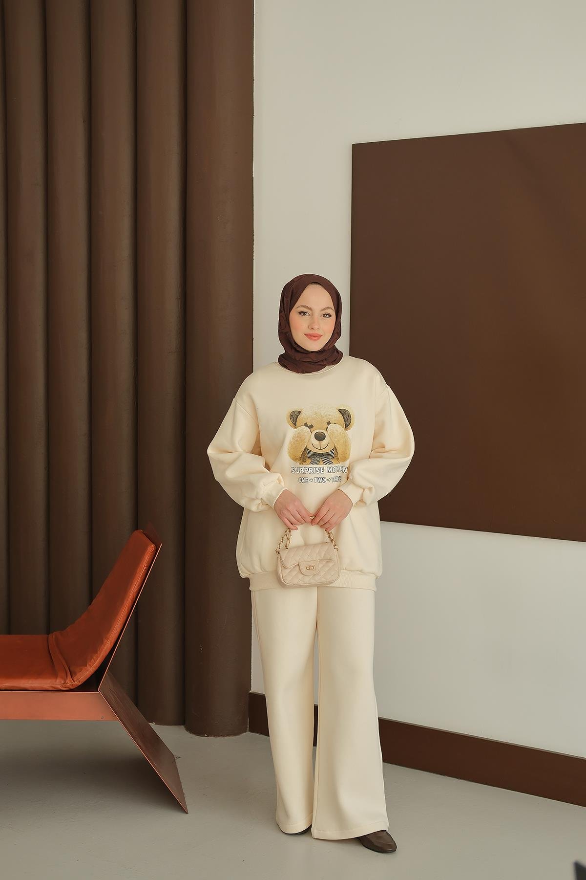 Ayıcık Baskılı Takım Krem