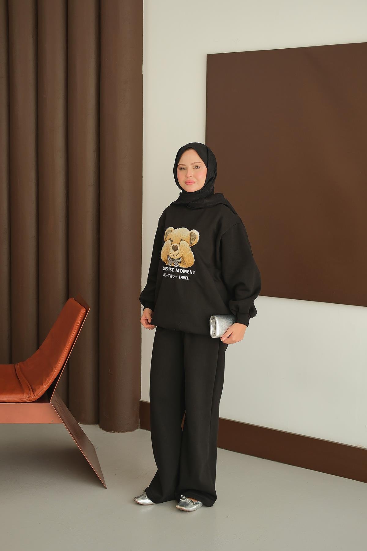 Ayıcık Baskılı Takım Siyah