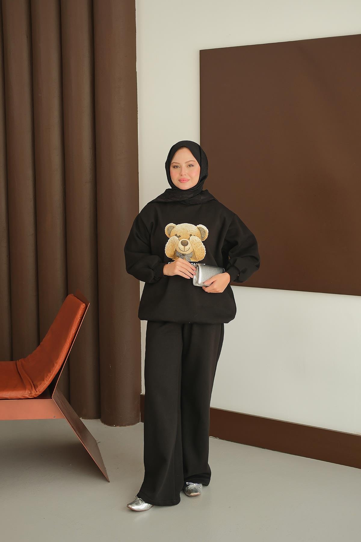 Ayıcık Baskılı Takım Siyah