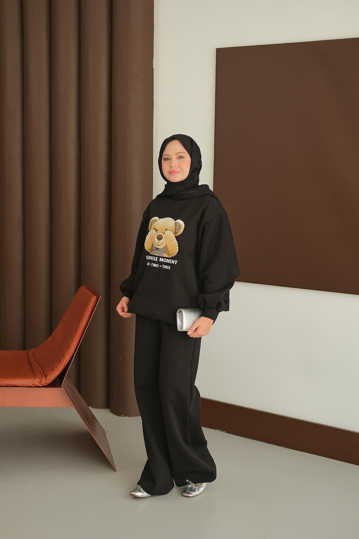 Ayıcık Baskılı Takım Siyah