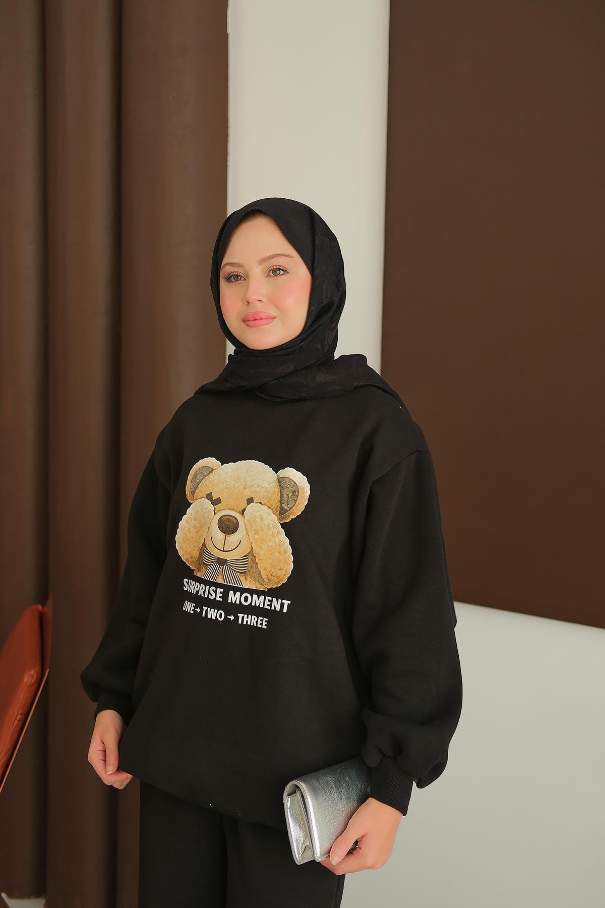 Ayıcık Baskılı Takım Siyah