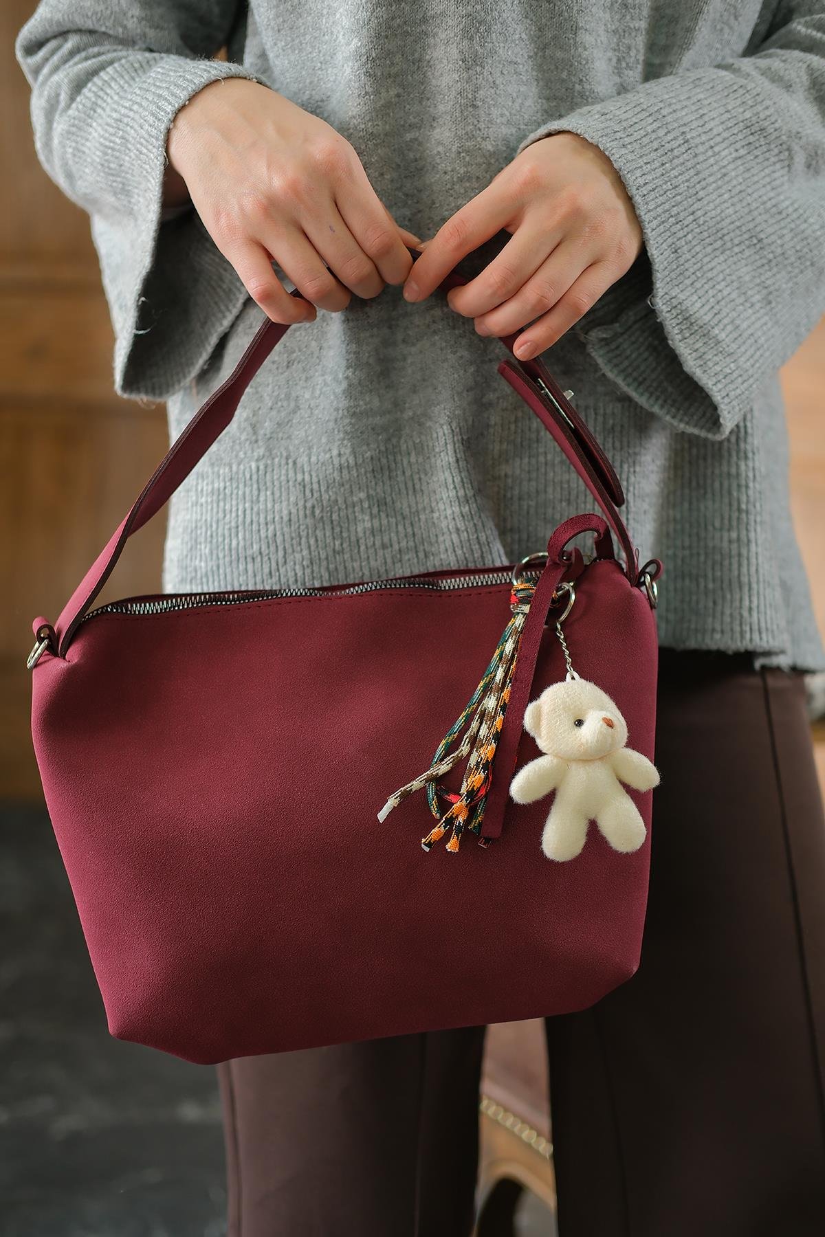 Ayıcık Detay Çanta Bordo