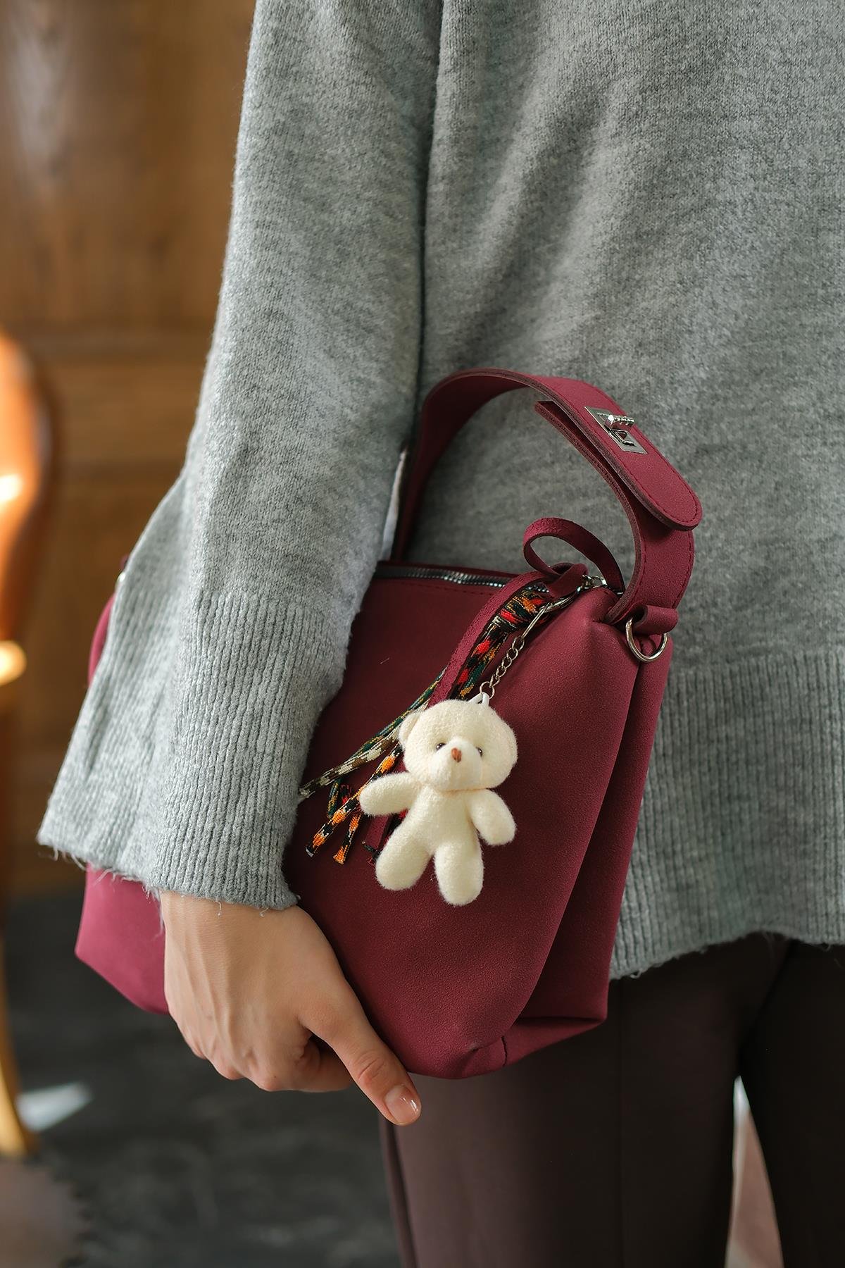 Ayıcık Detay Çanta Bordo