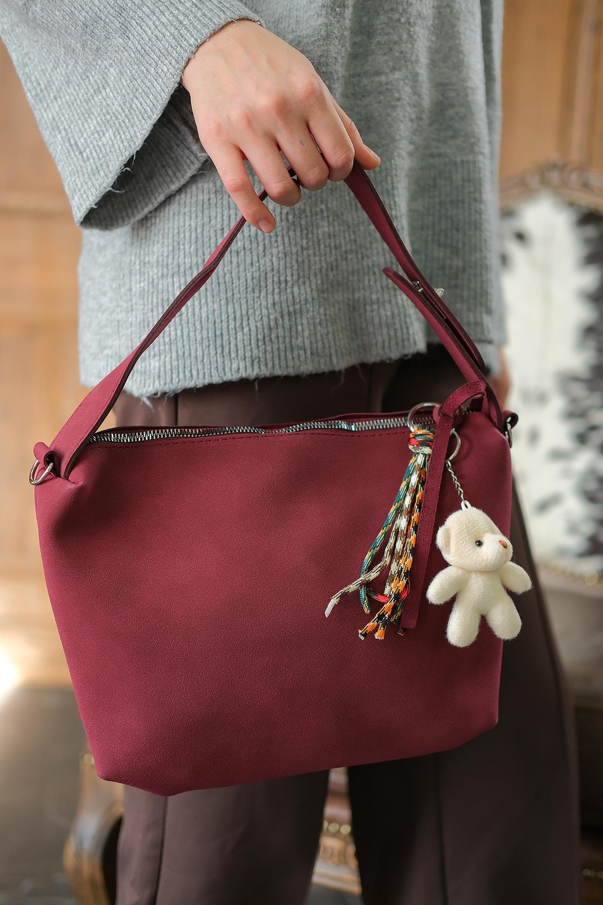 Ayıcık Detay Çanta Bordo