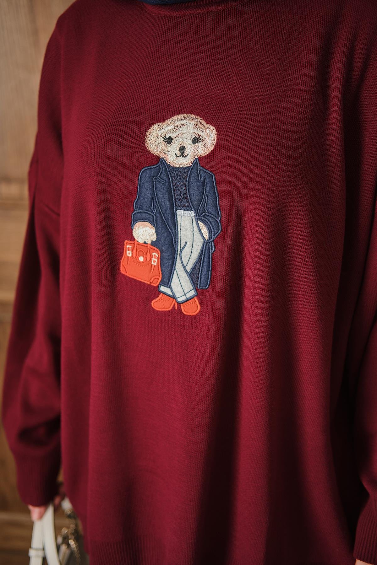 Ayıcık Nakışlı Triko Takım Bordo