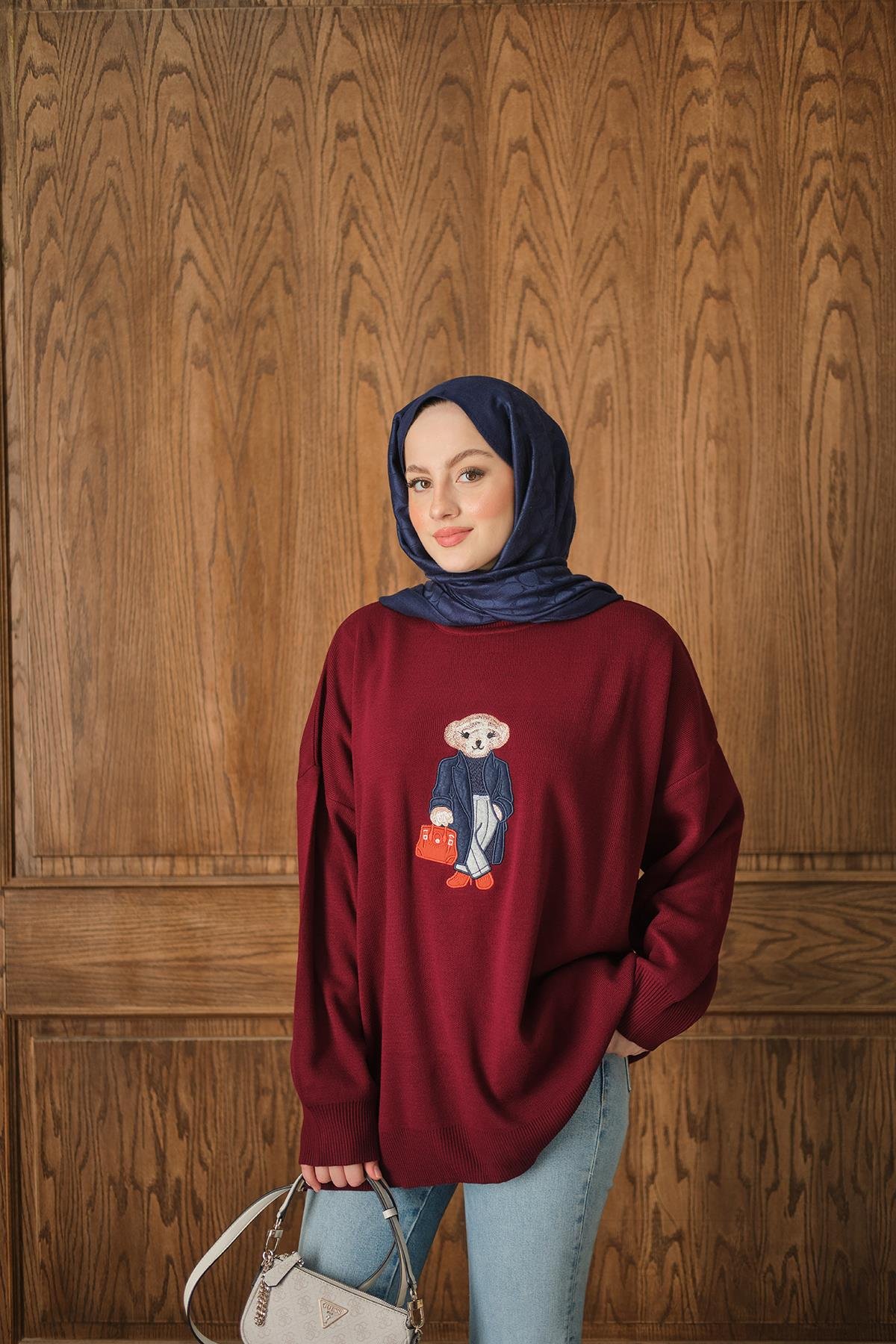 Ayıcık Nakışlı Triko Takım Bordo