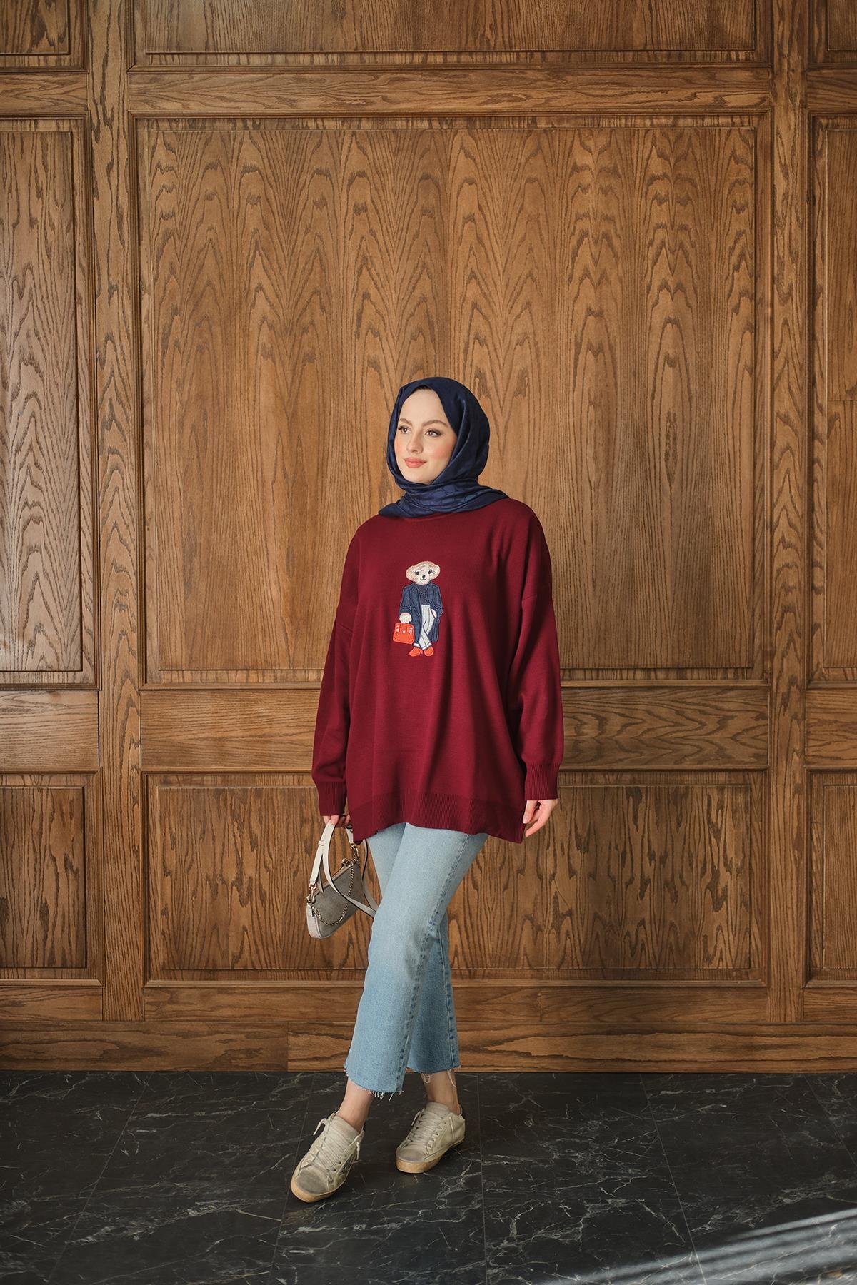 Ayıcık Nakışlı Triko Takım Bordo