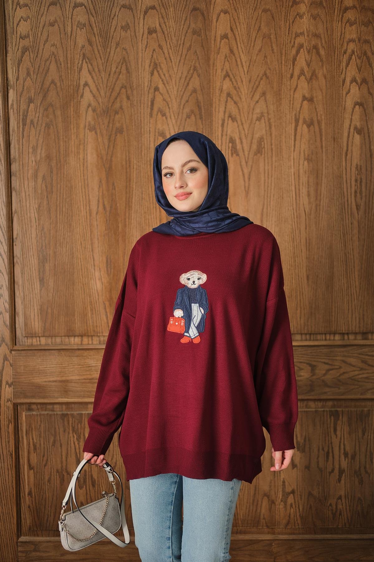 Ayıcık Nakışlı Triko Takım Bordo