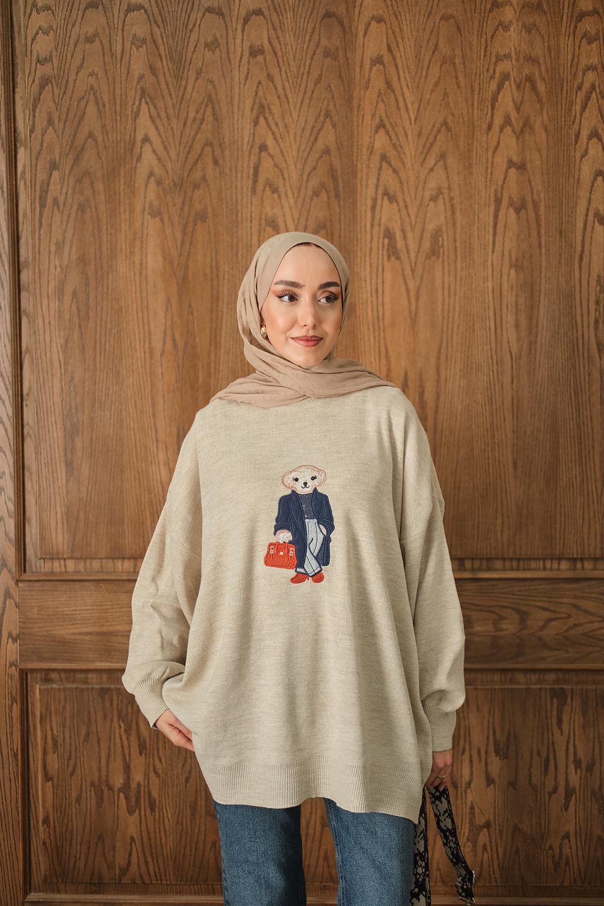 Ayıcık Nakışlı Triko Takım Krem