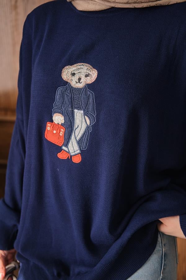 Ayıcık Nakışlı Triko Takım Lacivert