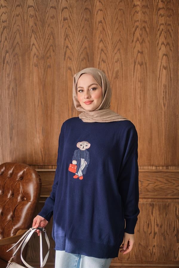 Ayıcık Nakışlı Triko Takım Lacivert